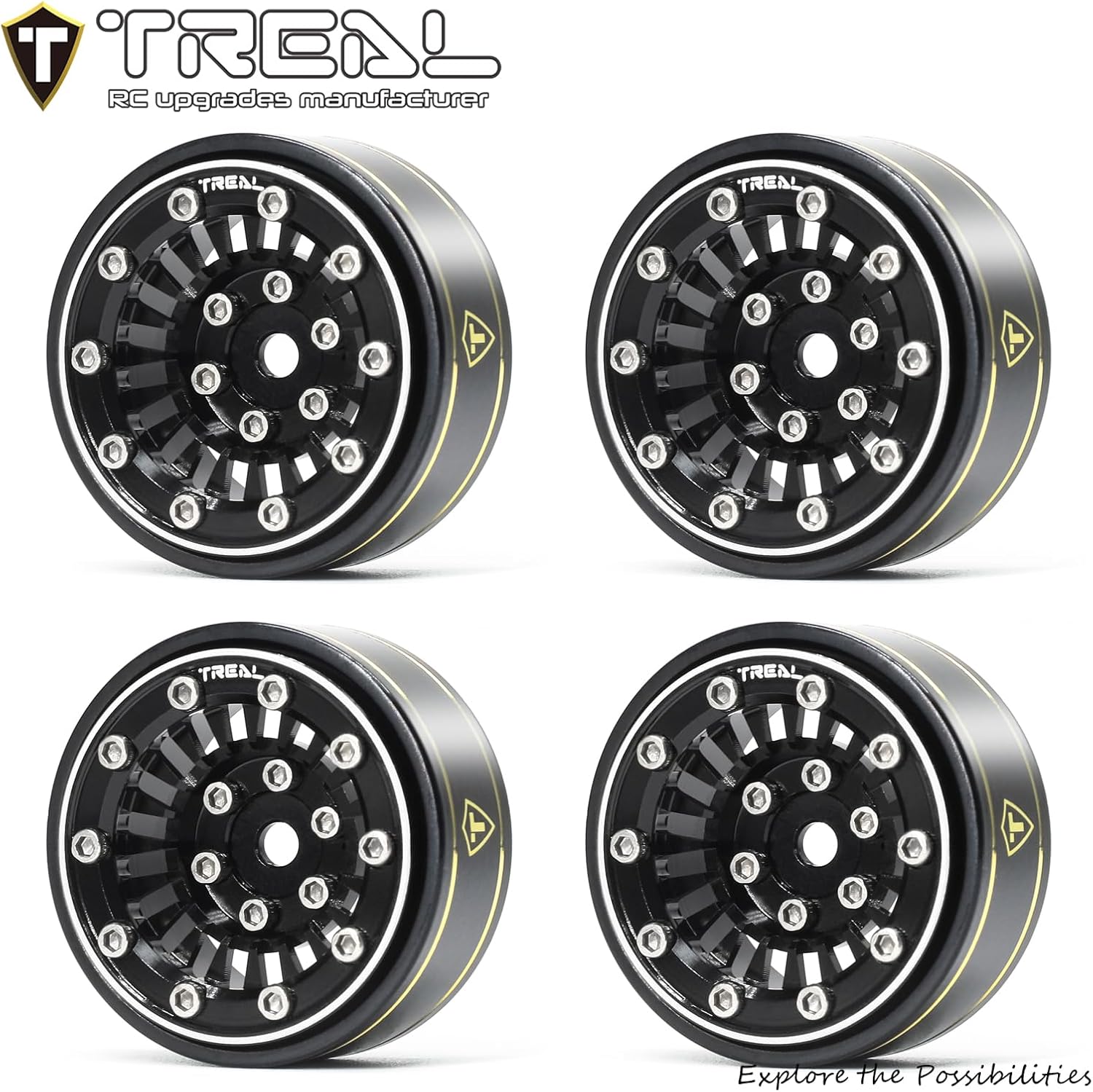 TREAL SCX24 1.0'' Beadlock Wheels (4-Pack) - Type C Black Alloy Wheels for 1/24 Micro RC SCX24 Bronco, Gladiator, C10, Deadbolt