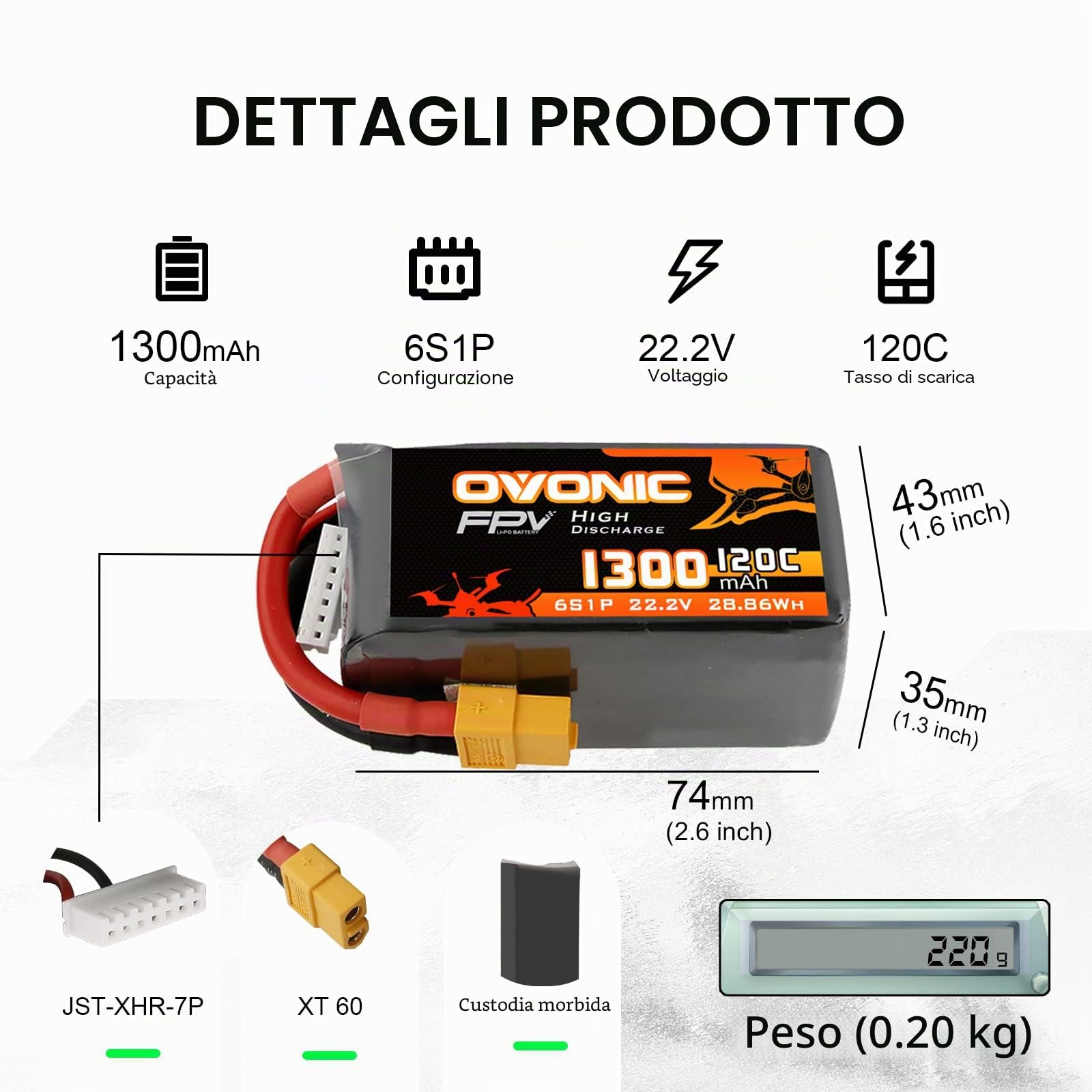 OVONIC Batteria Lipo da 6s, 1300 mAh, 22,2 V, 120 C, con spina XT60, per elicottero RC FPV, aereo, quadricottero, hobby racing (2 pezzi)