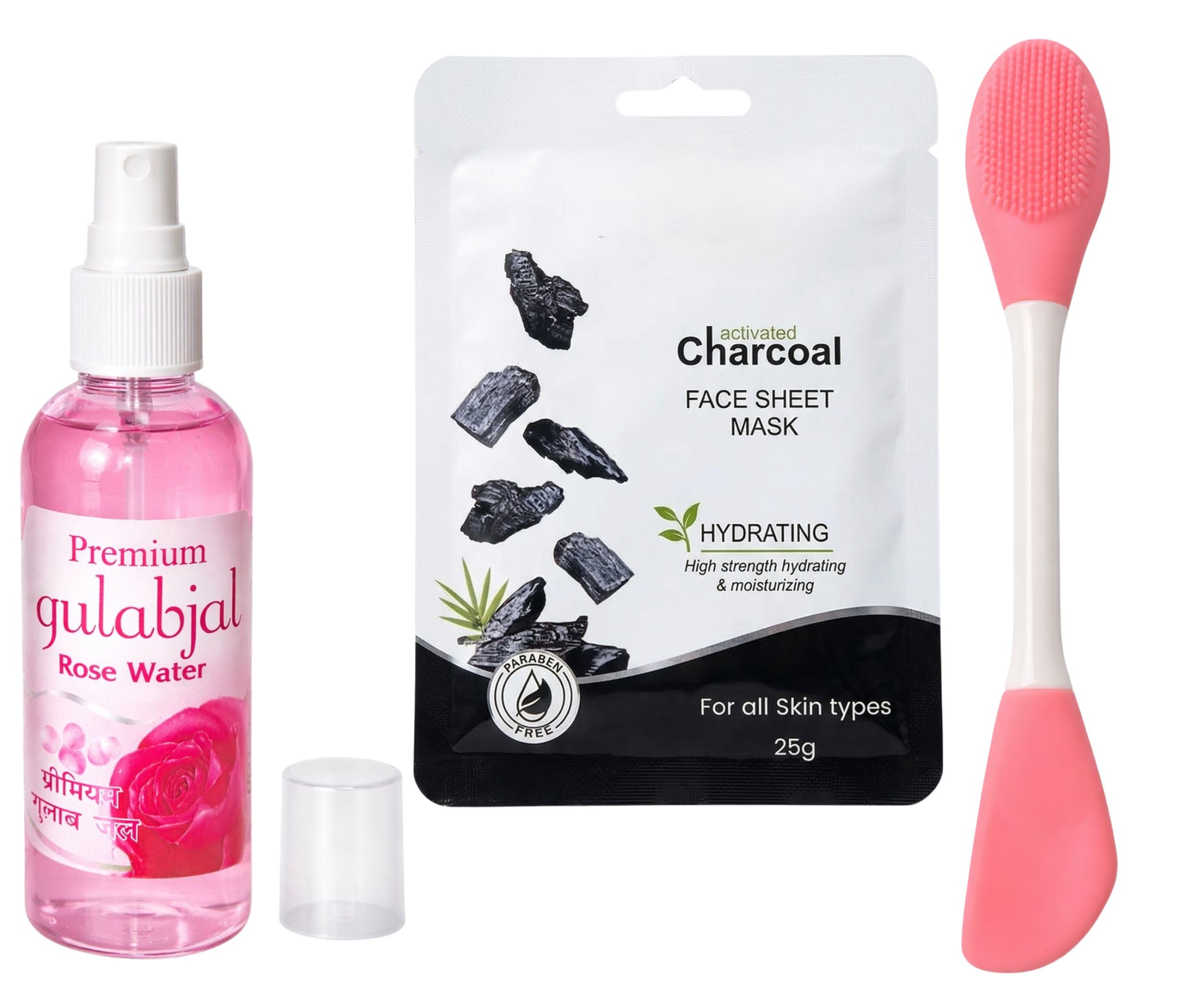 Complete Skin Detox & Glow Kit – Premium Rose Water (Gulab Jal) Facial Mist, Activated Charcoal Hydrating Sheet Mask, and Dual-Sided Silicone Face Mask Applicator & Massage Brush – 3-Piece Skincare Essentials Set-image-16