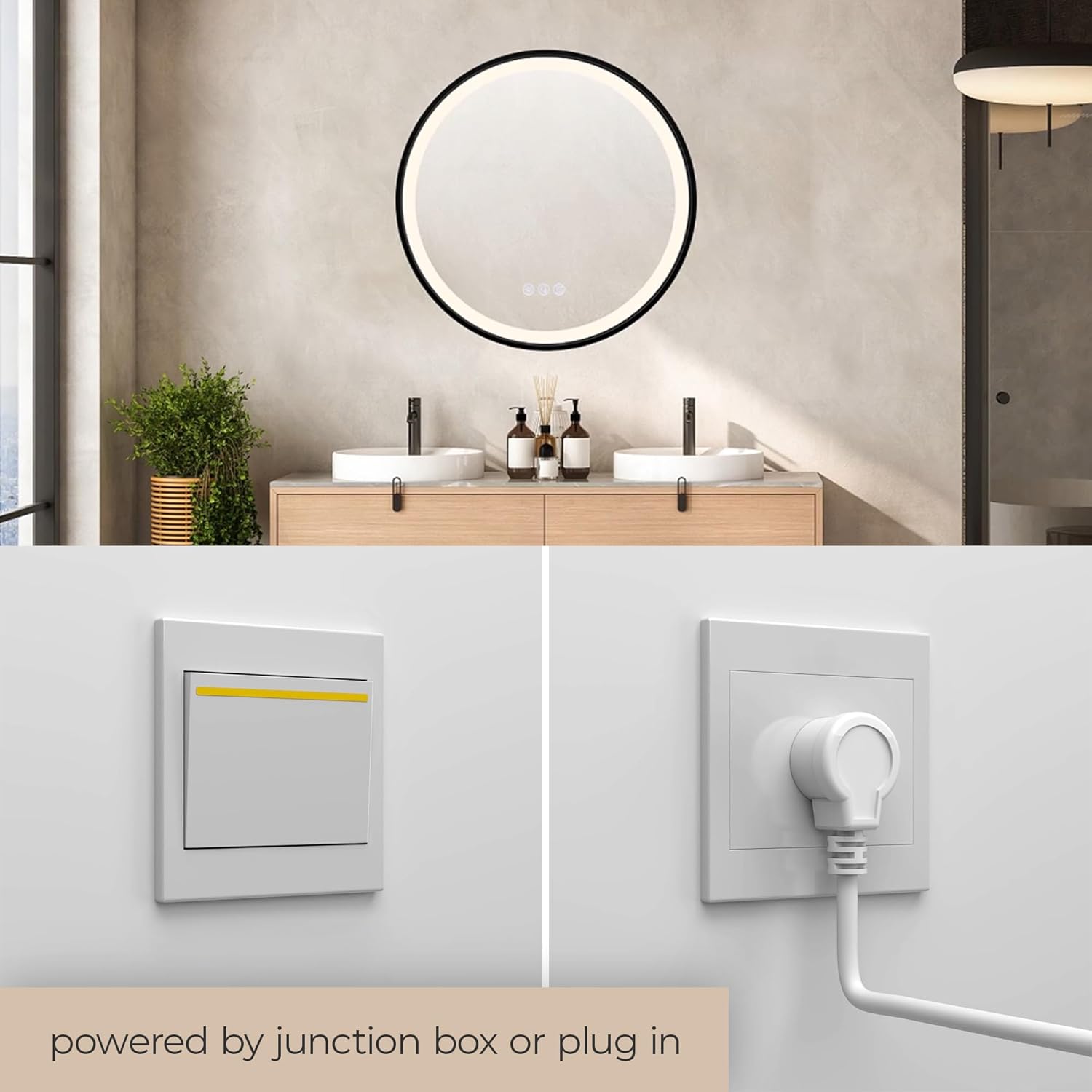 Lucid Collection Front Illuminated 24in Round LED Mirror in Black Frame with Defogger, CCT Color Temperature Selectability, and Brightness Control with Cleat for Wall Mounting