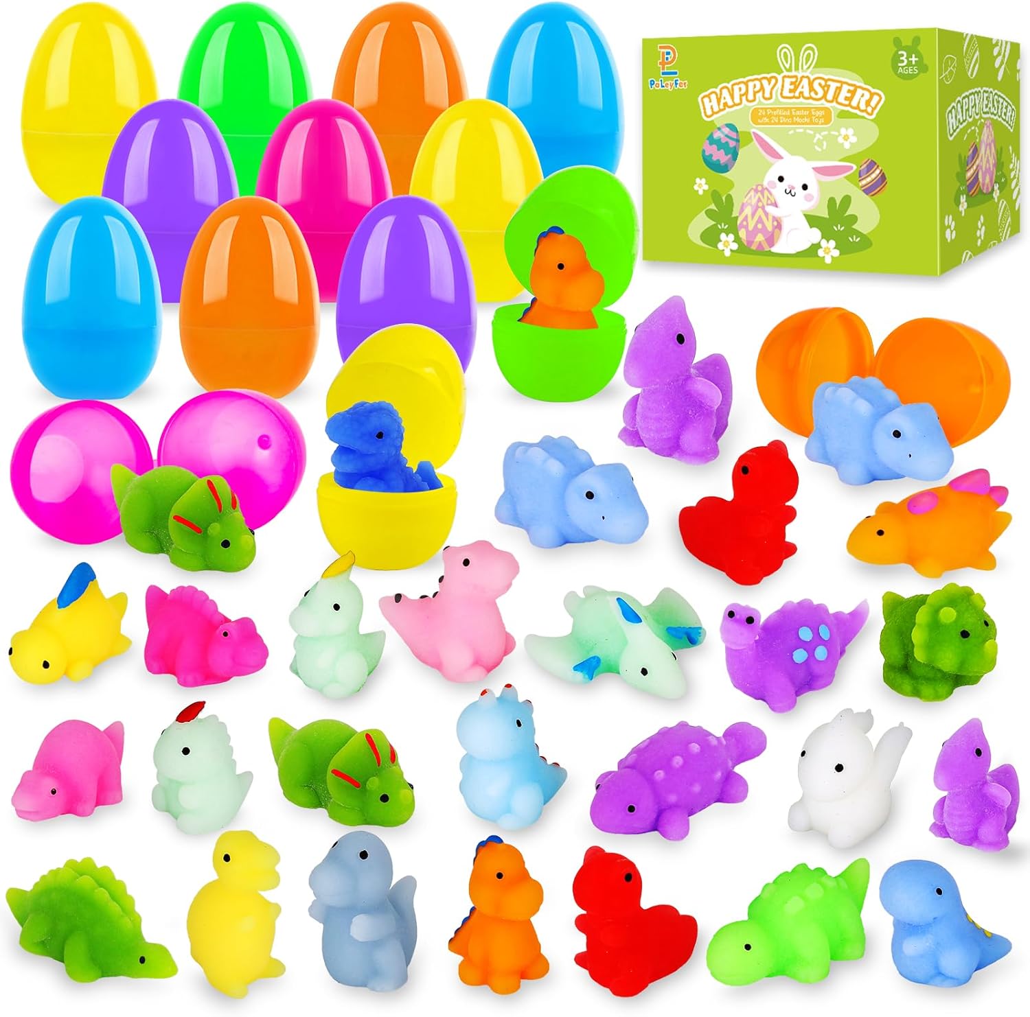 24 Pack Prefilled Easter Eggs with Squishy Dinosaur Toys inside for Kids, Easter Basket Stuffers Fillers Mochi Stress Relief Toys for Easter Hunt, Party Favor, Easter Gifts, Classroom Prizes