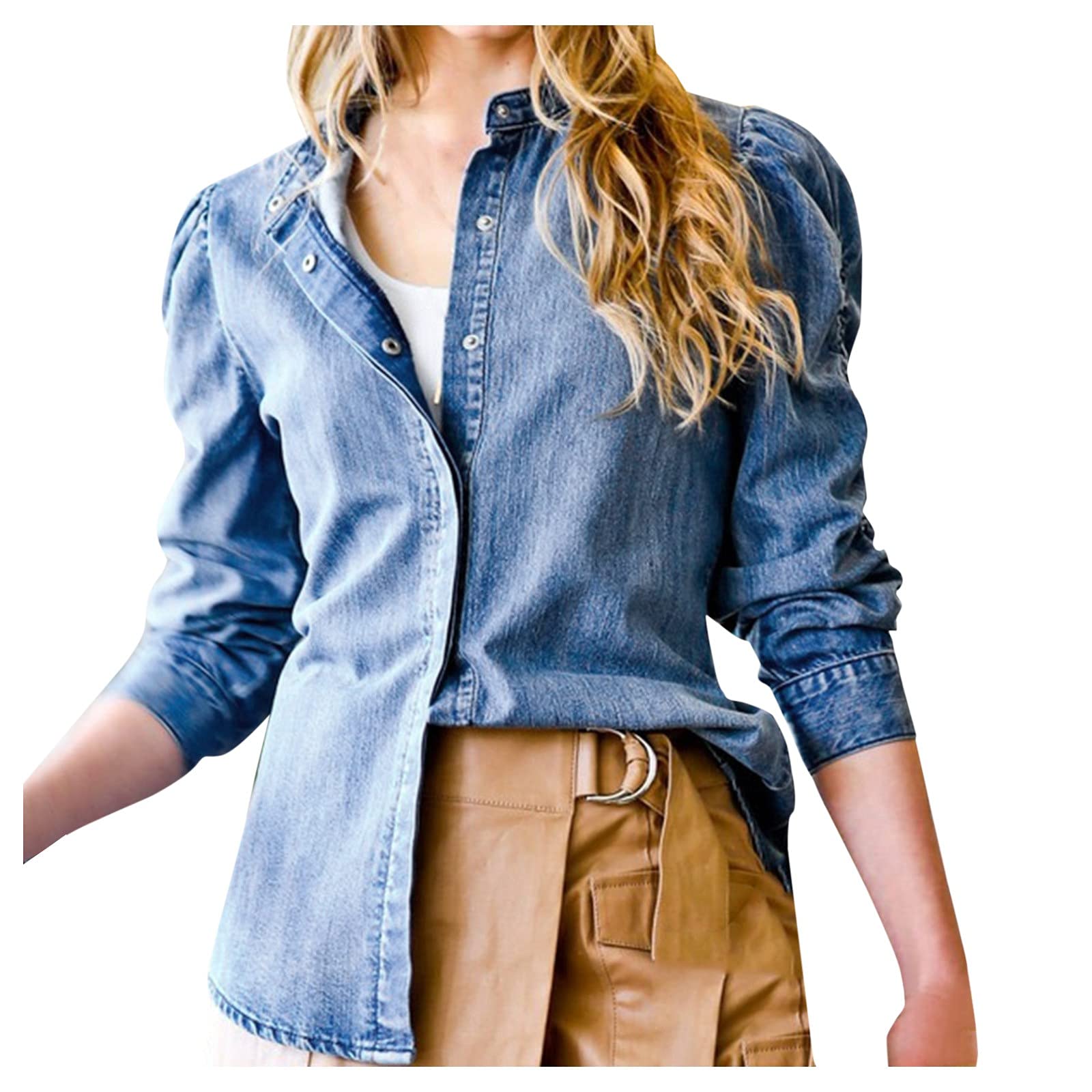 Camicia da donna a maniche lunghe, blu scuro, in jeans, lunga, oversize, con bottoni, in denim, camicia vintage con scollo a V, camicia in jeans estiva e autunno