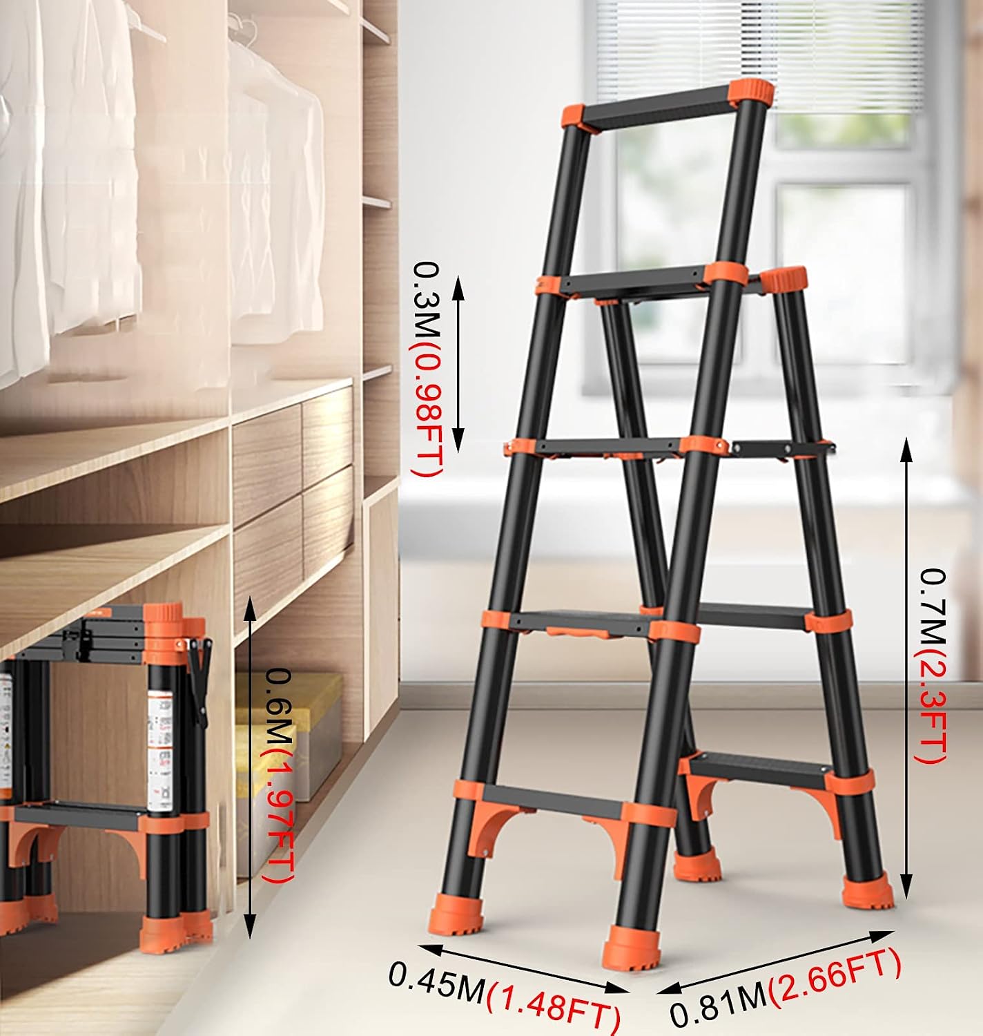Telescoping Ladder Lightweight Portable A-Frame Extendable Ladder, Household Daily Hobbies Professional Telescoping Ladder with Armrest, Foldable Multi-Purpose Extension Ladder (Si image 3
