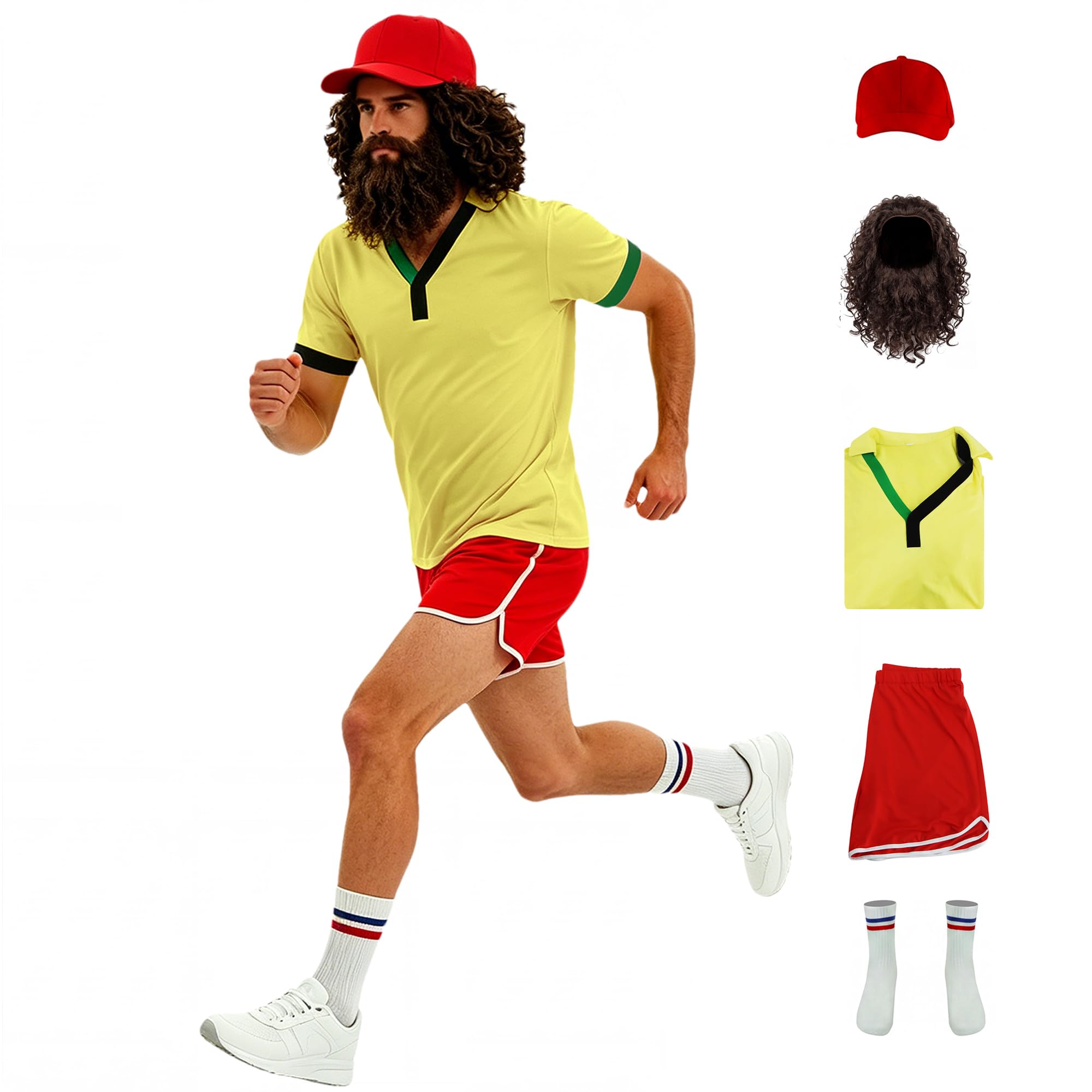 Bvxmsel Forrest Gump Running Costume Halloween Party Cosplay Set Hat Wig Beard Shirt Shorts and Socks XS