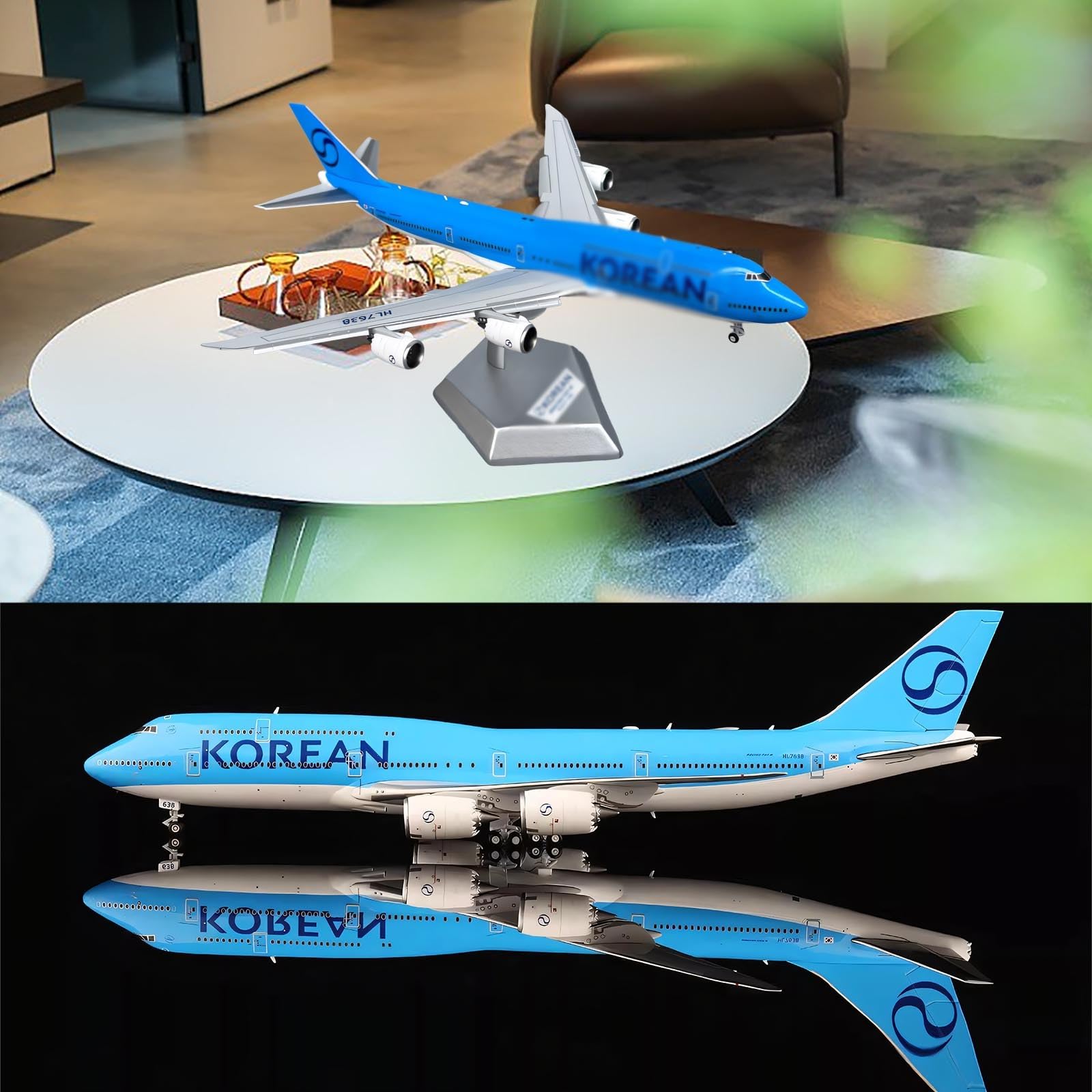 Modello aereo lega metallo pressofuso Korean Air B747 in scala 1/400 con livrea, carrello atterraggio mobile, ruote girevoli, espositore collezione, aereo for casa, ufficio, appassionato