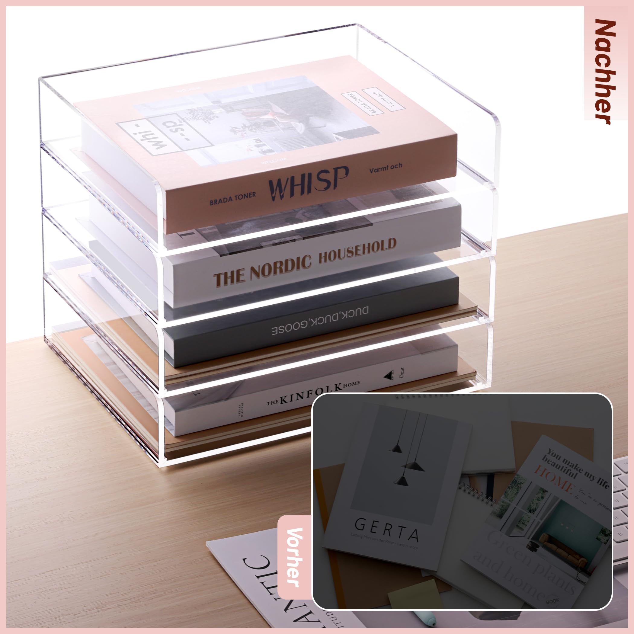 SANRUI 4er Set Dokumentenablage A4, Stapelbar Briefablage querformat aus Acryl, Stabiler Ablage Schreibtisch Organizer für Büro&Home, Moderne Ablagefächer Ablagekorb Transparent,31,5 x 22,5 x 26,5 cm