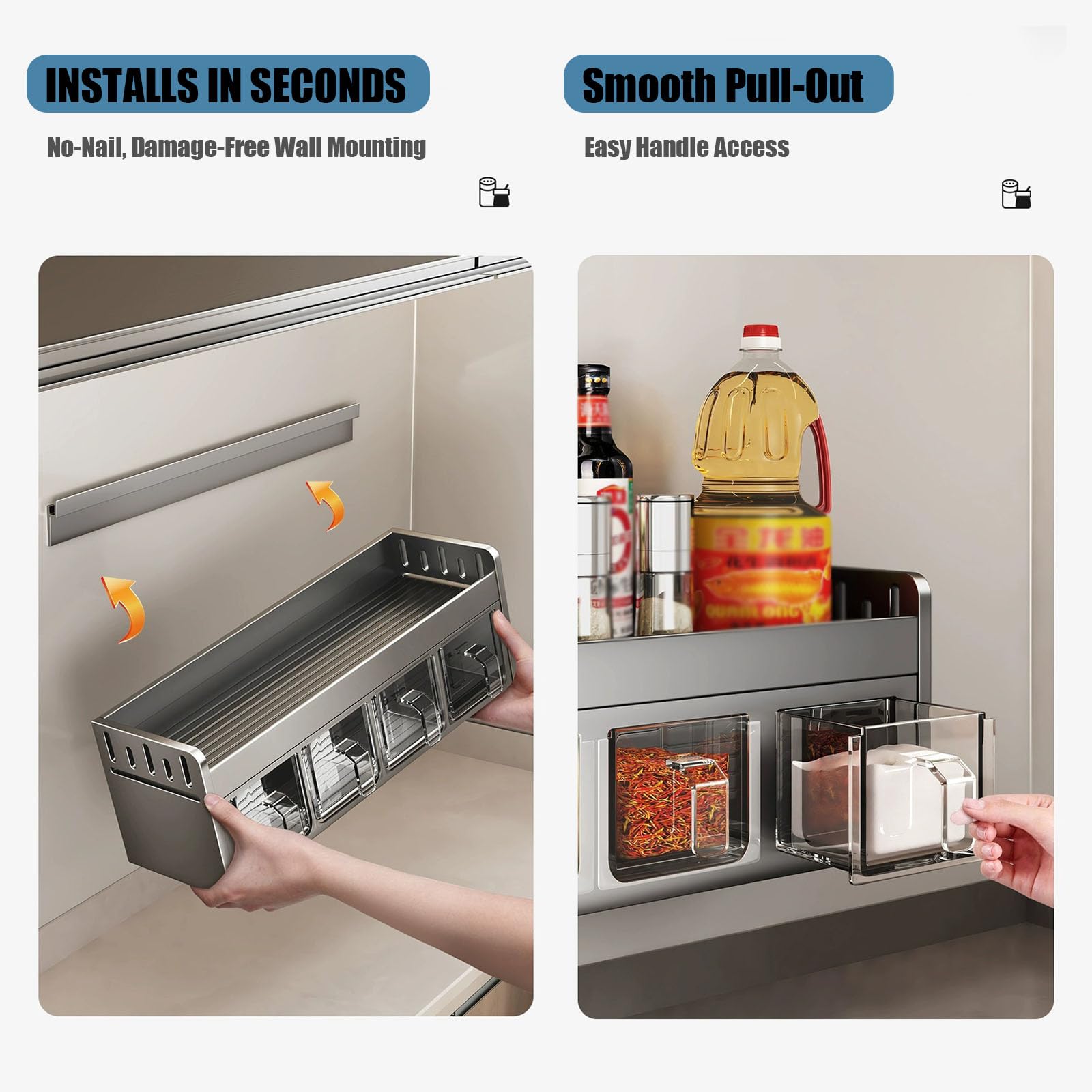 Portaspezie in alluminio – Nessuna foratura necessaria in piedi e montaggio a parete, design a 4 celle, per armadietto da cucina e barattoli per spezie, grigio