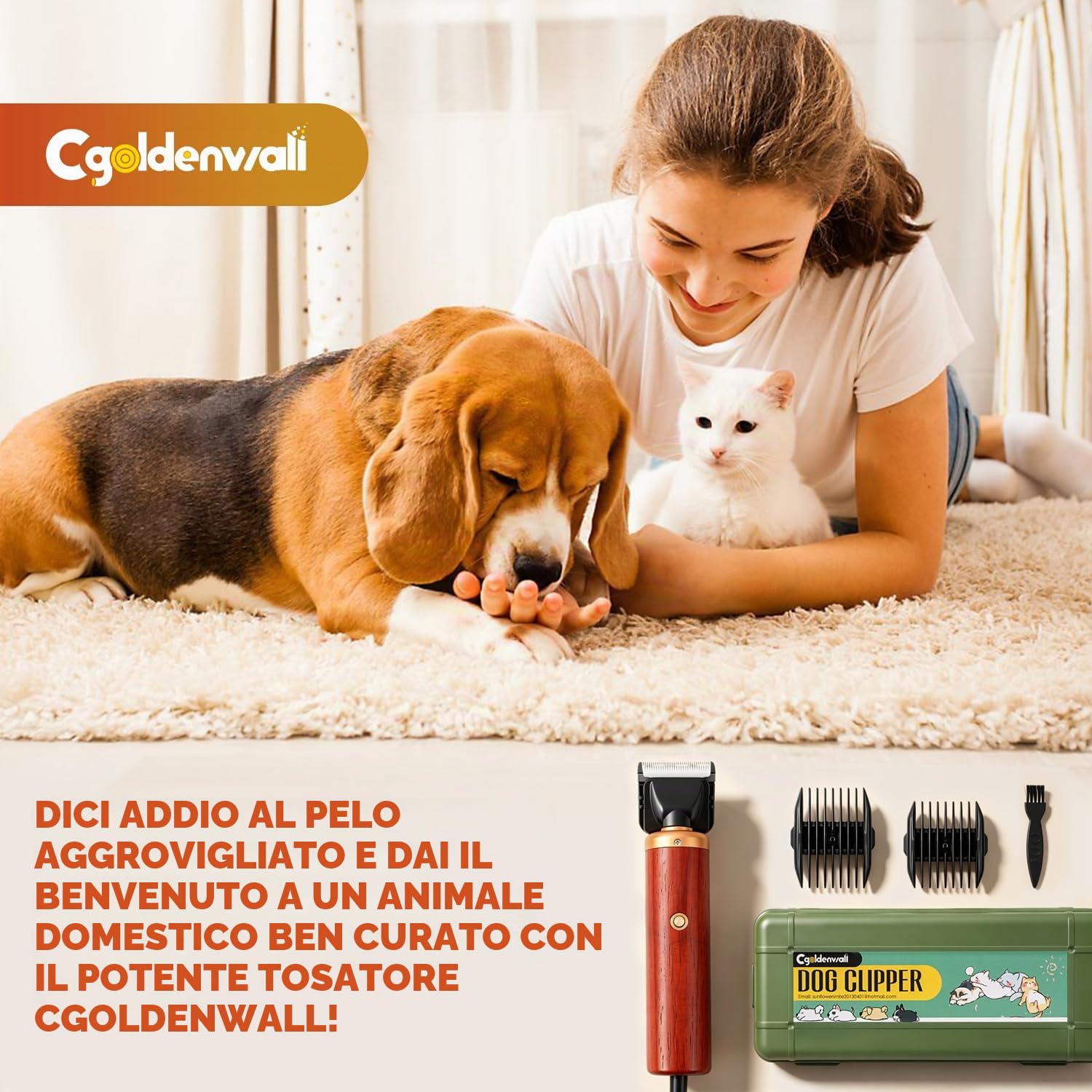 CGOLDENWALL Tosatrice per Cani Professionale 55W, Rumorosità 50DB, Manico in Legno e Cavo di Alimentazione 3m, per Animali di Tutti i Tipi di Pelo, Con 2 Pettini di Fissaggio (3/6 mm, 9/12 mm)