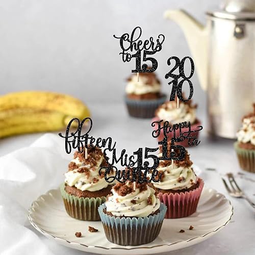 Miniatura 363 de Rsstarxi Paquete de 30 adornos para cupcakes de 15 cumpleaños con purpurina Mis Membrillo 15 desde 2010 Feliz 15º Cupcake Toppers Quince Cheers to