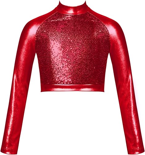 JEATHA Camiseta corta de manga larga con lentejuelas brillantes para niños y niñas, con cuello alto falso, camisetas atléticas de jazz hip-hop para