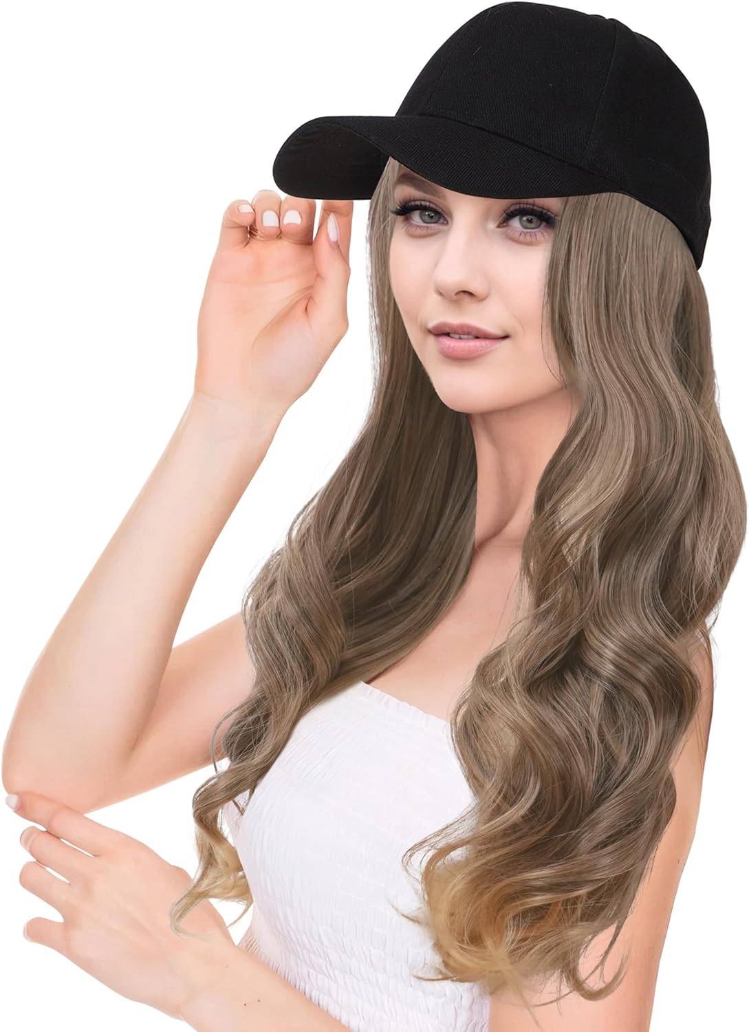 Women Hat Wig Hair Extensions Baseball Cap with Hairnet Long Natural Wave Hairstyle Hats for Ladies Daily Use
