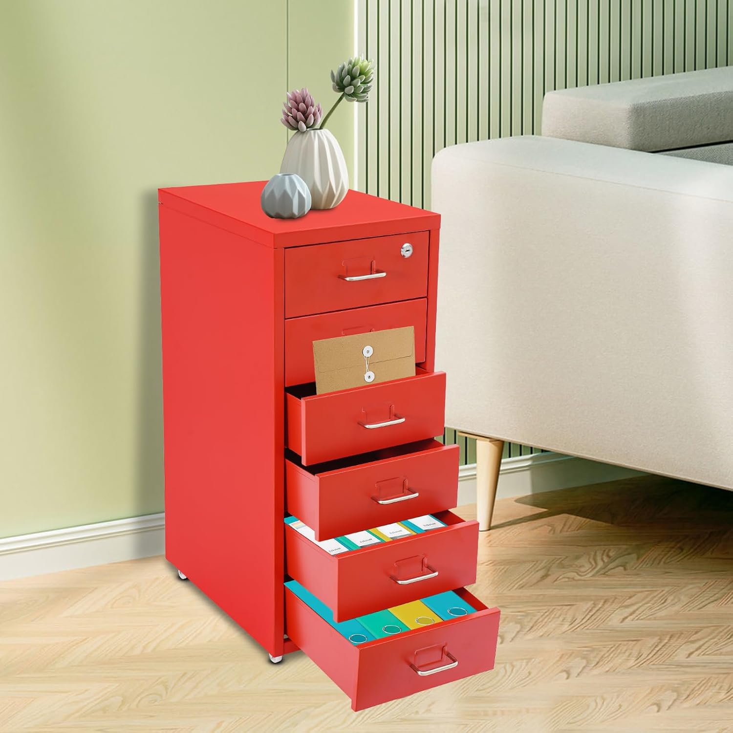 Office File Cabinet w/4 Wheels, 6 Drawer Metal Small Vertical File Cabinets w/2 Lock, Smooth Edges Mobile Storage Cabinet File Organizer for Home Office Living Room, 11 * 16 * 27in (Red)