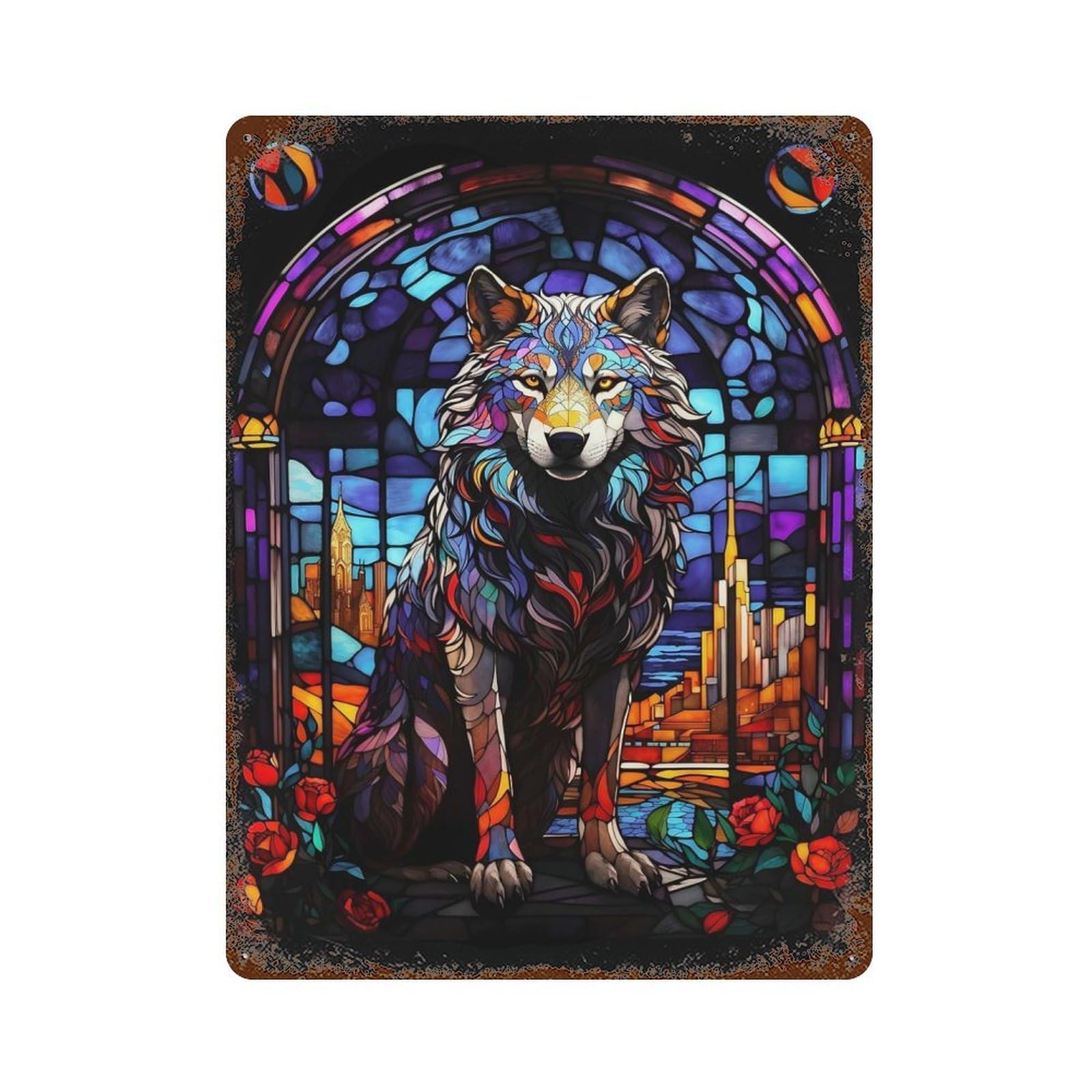 Wolf City Stained Glass Rustic Tin Plaque 15.7"x11.8", for Living Room, Hallway And Home Decor, Decorative Metal Wall Art