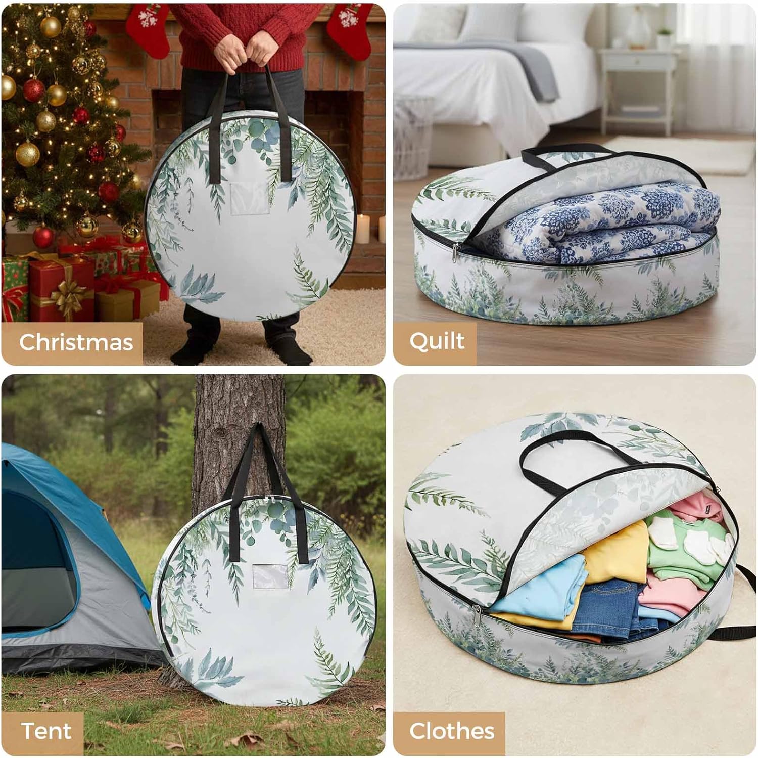 Spring Sage Round Storage Bag 36 Inch, Green Eucalyptus Leaves Ferns Botanical Clothes Storage Container with Handles Heavy Duty Organizer for Comforter, Bedding & Holiday Wreaths