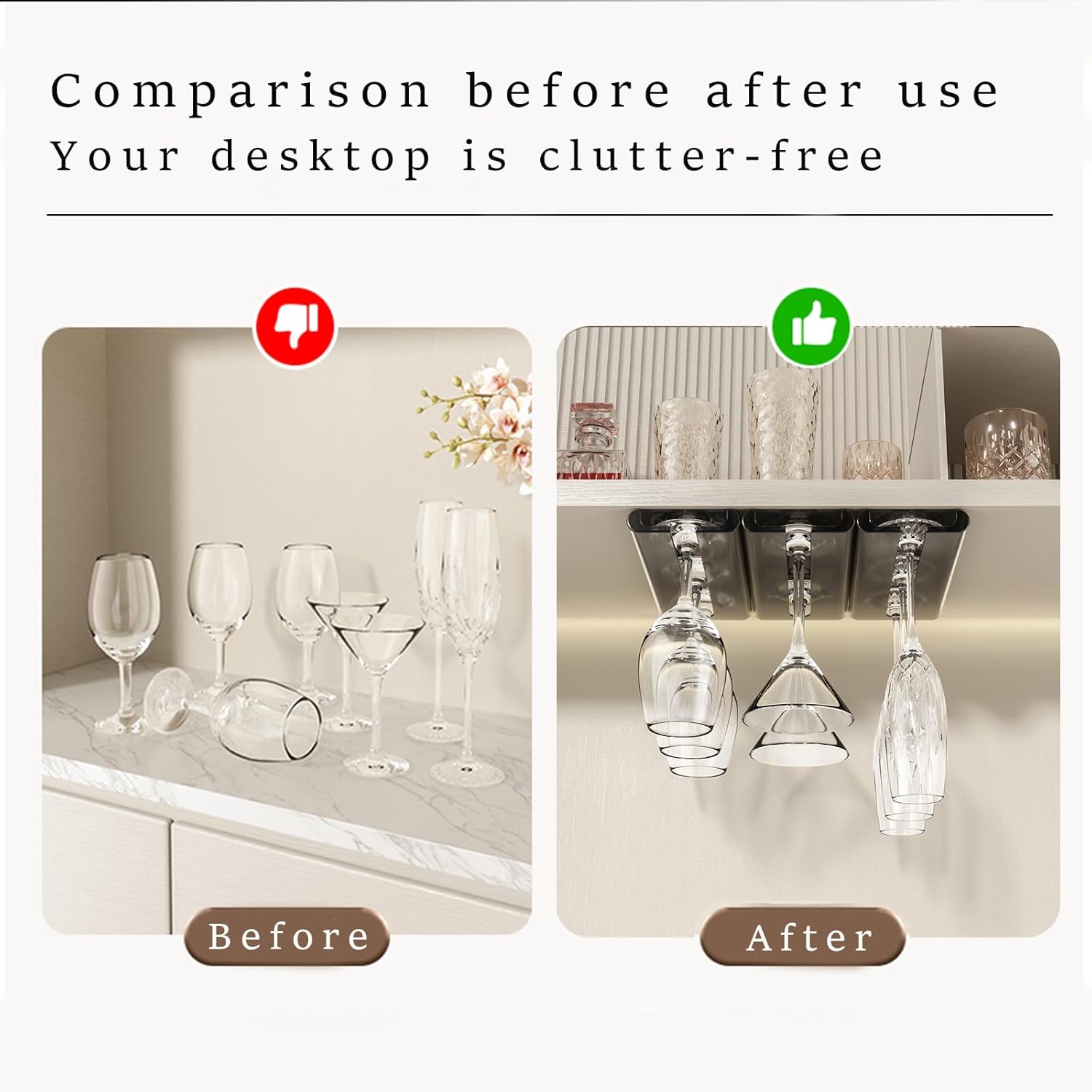 4Pack Wine Glass Holder - Under Cabinet, No Drilling Installation, Stemware Rack, Grey