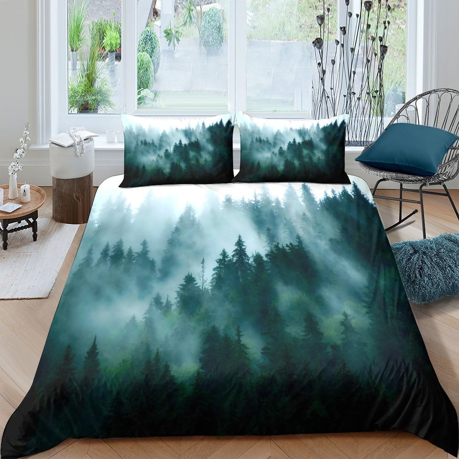 GPLZQXKJNH 3D Printed Misty Forest Duvet Cover Microfiber Soft Breathable Pine Woodland Bedding Set with 2 Pillowcases for Bedroom Decor Single（135x200cm）