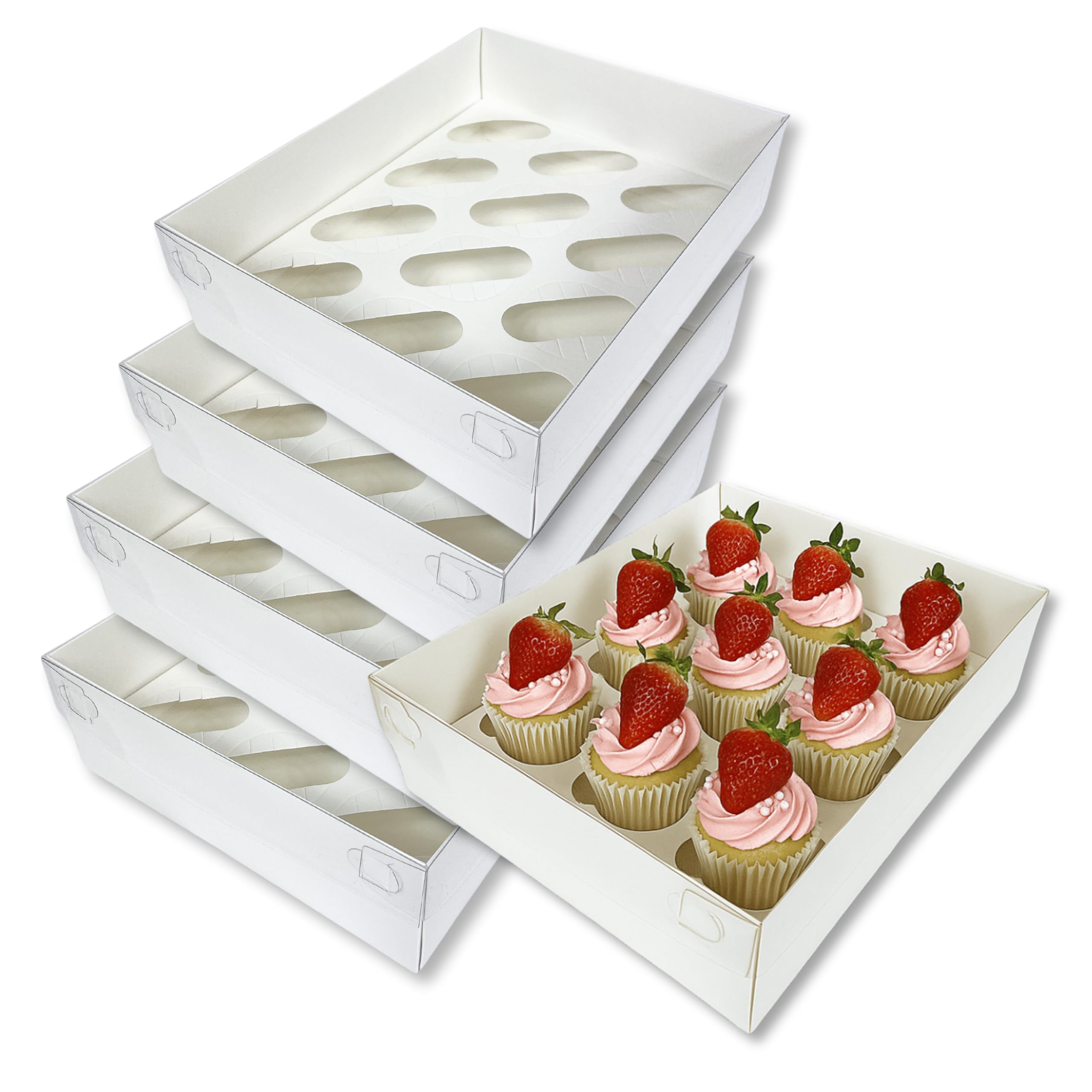 12 Hole White Extra Tall Cupcake Boxes with Clear Lid & Inserts (5 Pack)