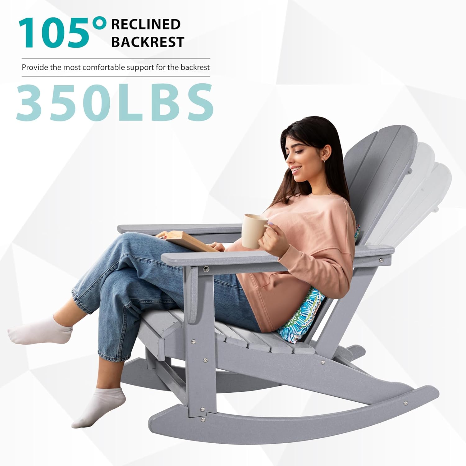 Sundale Outdoor Rocking Chair with Pillow, Patio Plastic All Weather Adirondack Rocker for Proch, Water Resistant for Outside, Garden, Pool, Yard, Grey