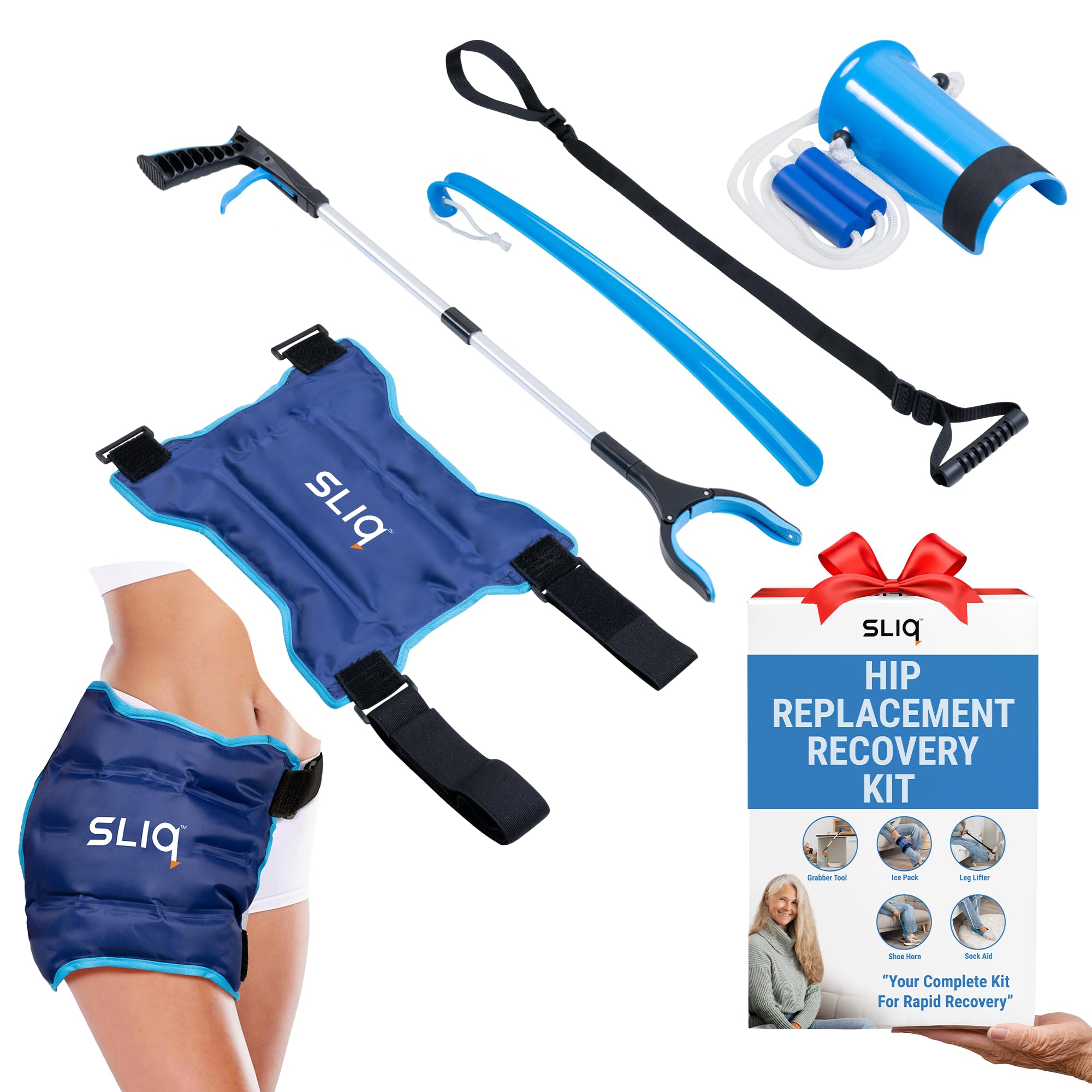 Total Hip Replacement Recovery Kit - 5 PCS Set - Hip Ice Pack, Leg Lifter, Shoehorn for Seniors, Reacher Grabber with Ergonomic Handle and Sock Aid