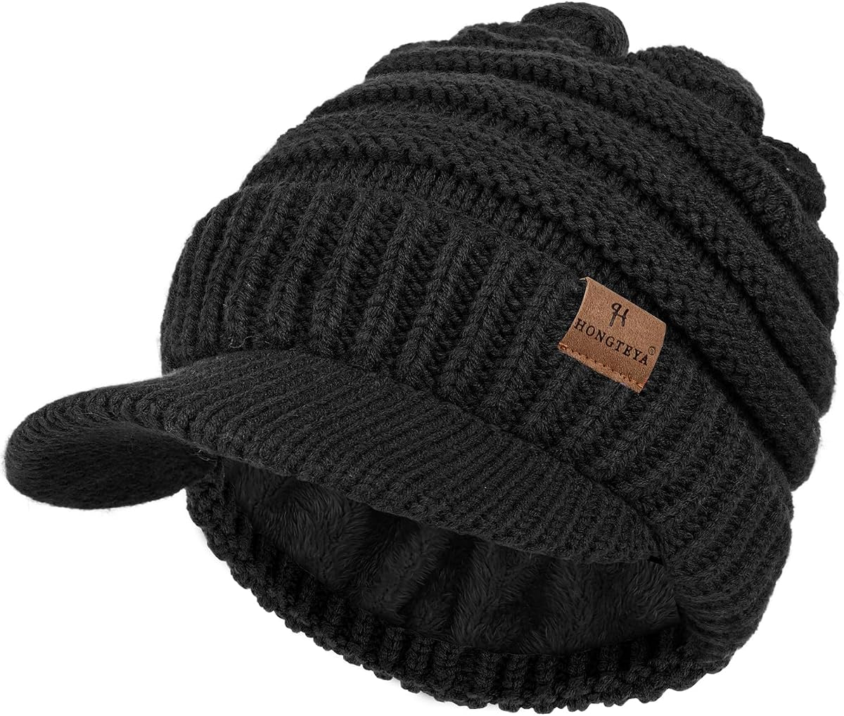 HONGTEYA Gorros de invierno para mujer, gorros gruesos con forro polar sólido para hombres y mujeres, gorro de punto con visera de ala