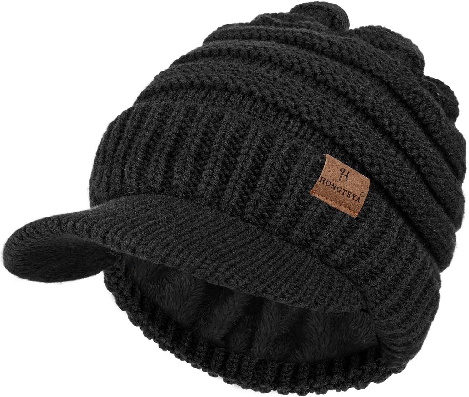 HONGTEYA Winter Beanies Hats for Women Thick Solid Fleece Lined Beanie Hats for Men Women Knit Beanie with Brim Visor