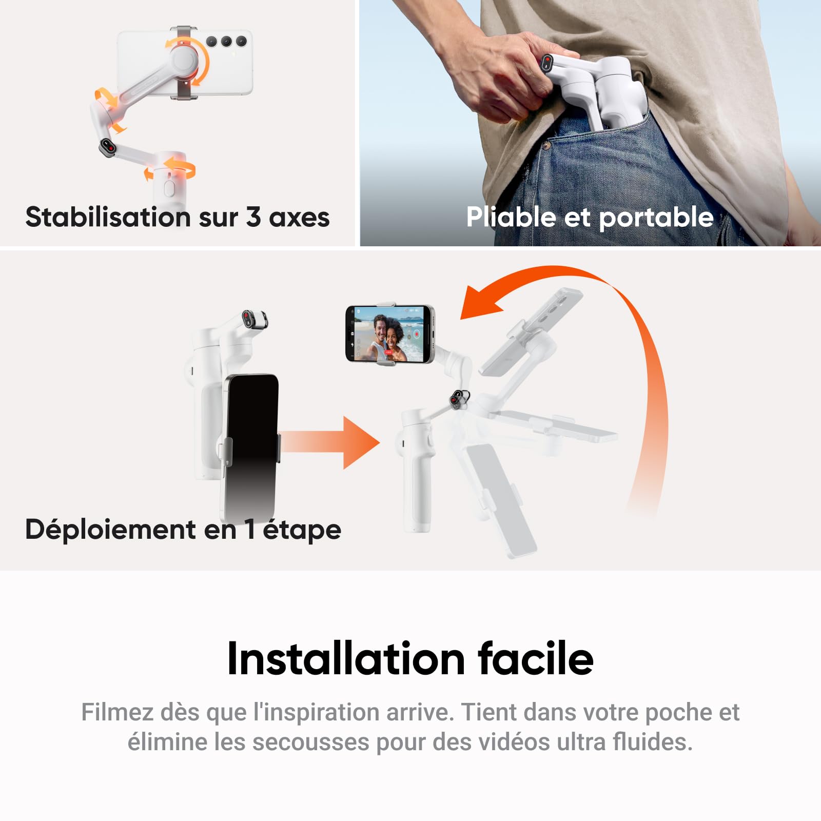 Insta360 Flow 2 Blanc - Stabilisateur Smartphone pour iPhone Android, Suivi IA et de Groupes, Gimbal avec trépied et Perche à Selfie intégrés, léger et Portable pour vlog et Voyage