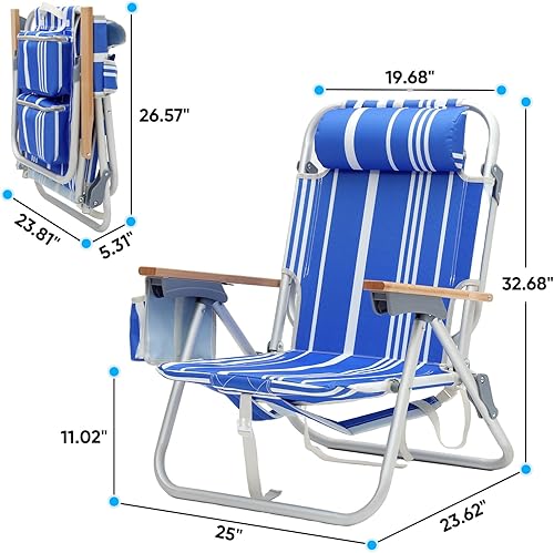 Miniatura 2 de Paquete de 2 sillas de playa de aluminio para adultos con 5 posiciones clásicas, plegables, ligeras, con 2 bolsas de enfriamiento, toallero,