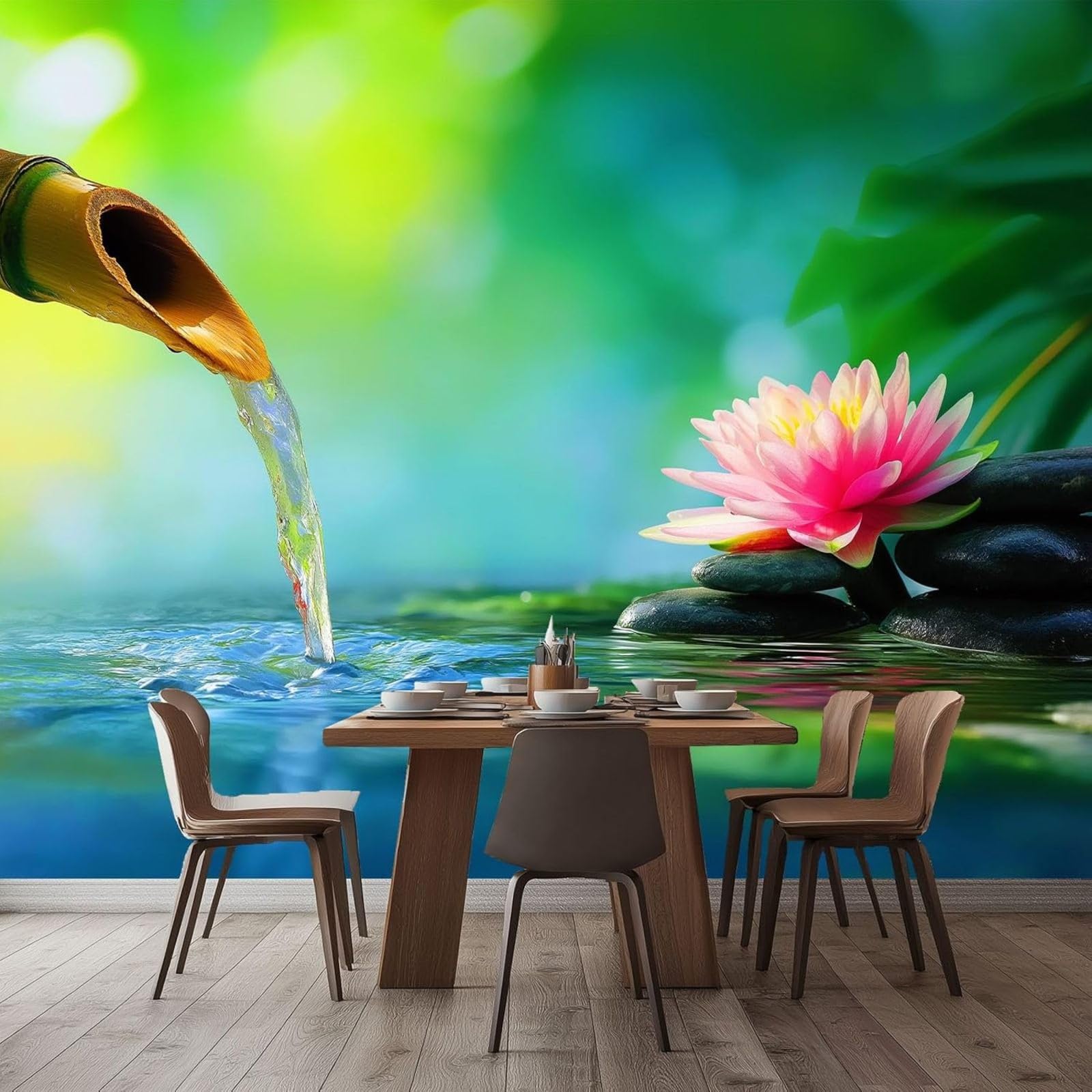 pdghsdkgjh 3D Non-Woven Photo Wallpaper Flowers Leaves Water, Green for Bedroom Living Room Children's Room, Modern Wall Decoration, 250cm x 175cm Stickers - Frameless Painting - Poster
