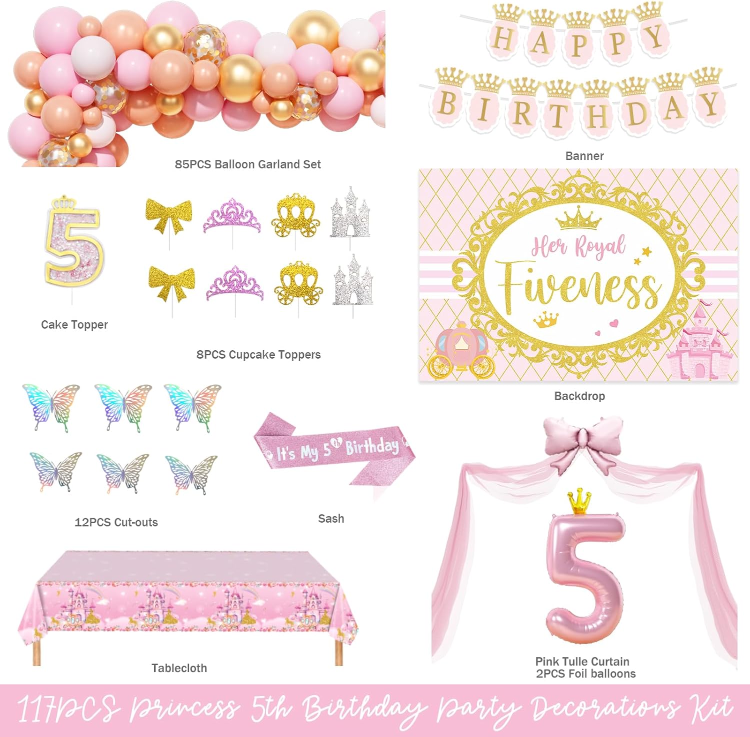 Costova Princess 5th Birthday Party Decorations, 117 PCs - Her Royal Fiveness Birthday Party Supplies with Pink Fairytale Backdrop, Balloon Garland, Castle Tablecloth, 5 Year Old Sash