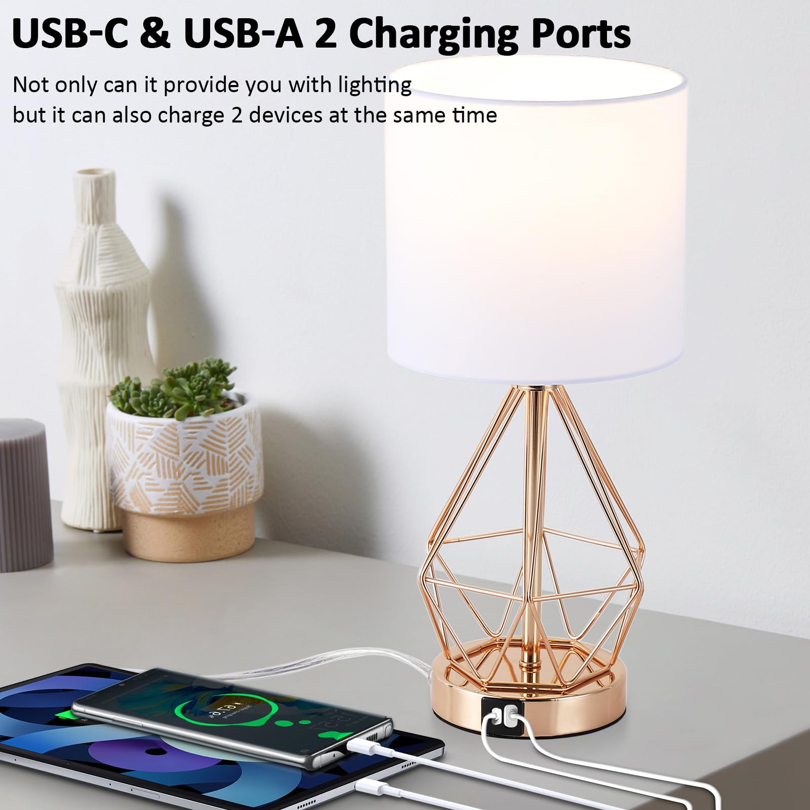 Touch Control Table Lamps Set Of 2, 3-Way Dimmable Nightstand Lamps With USB A+C