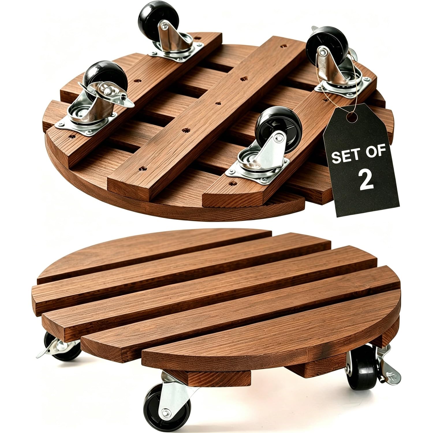 2 Pack 12 Inch 30CM Trolley Plant Caddy Wood Plant Stands with Wheels Heavy Duty Plant Pot Trolley with Metal Lockable Caster Wheels Rolling Plant Stand