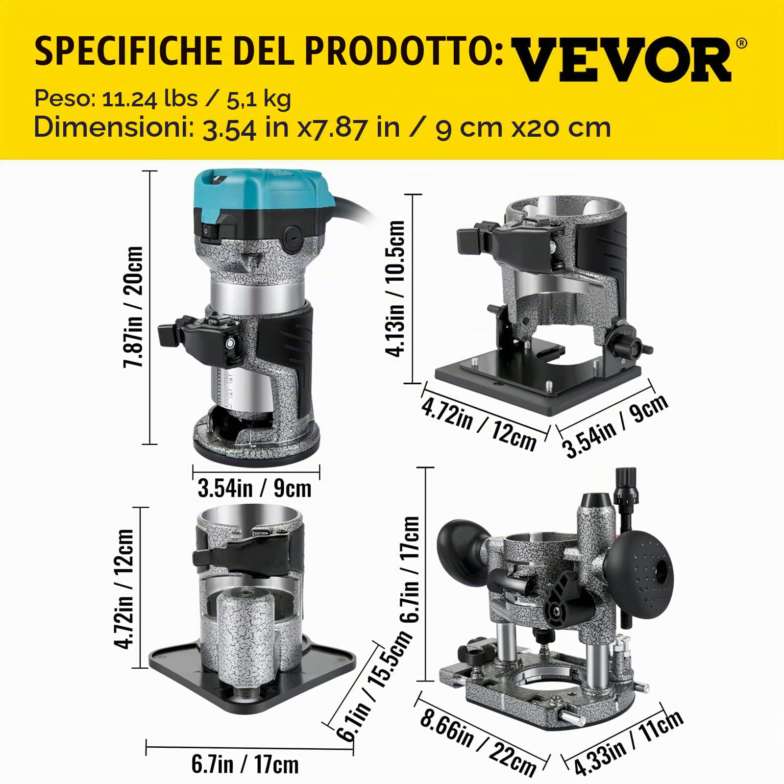 VEVOR Fresa per legno singola mano 33000 giri/min, base fissa, base di inclinazione, base sommergibile, base offset, 3 pinze da 6,35/6/8 mm, fresa da 6/8 mm, guida curva, lega di alluminio