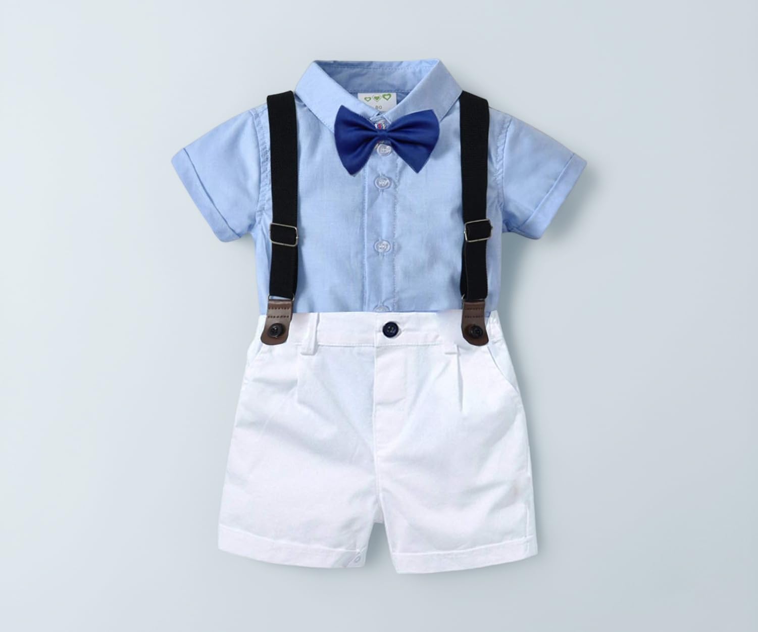 Carlstar Little Boys Gentleman Outfit Suits,Baby Boys Short Pants Set,Short Sleeve Shirt+Suspender Pants+Bow Tie 4Pcs