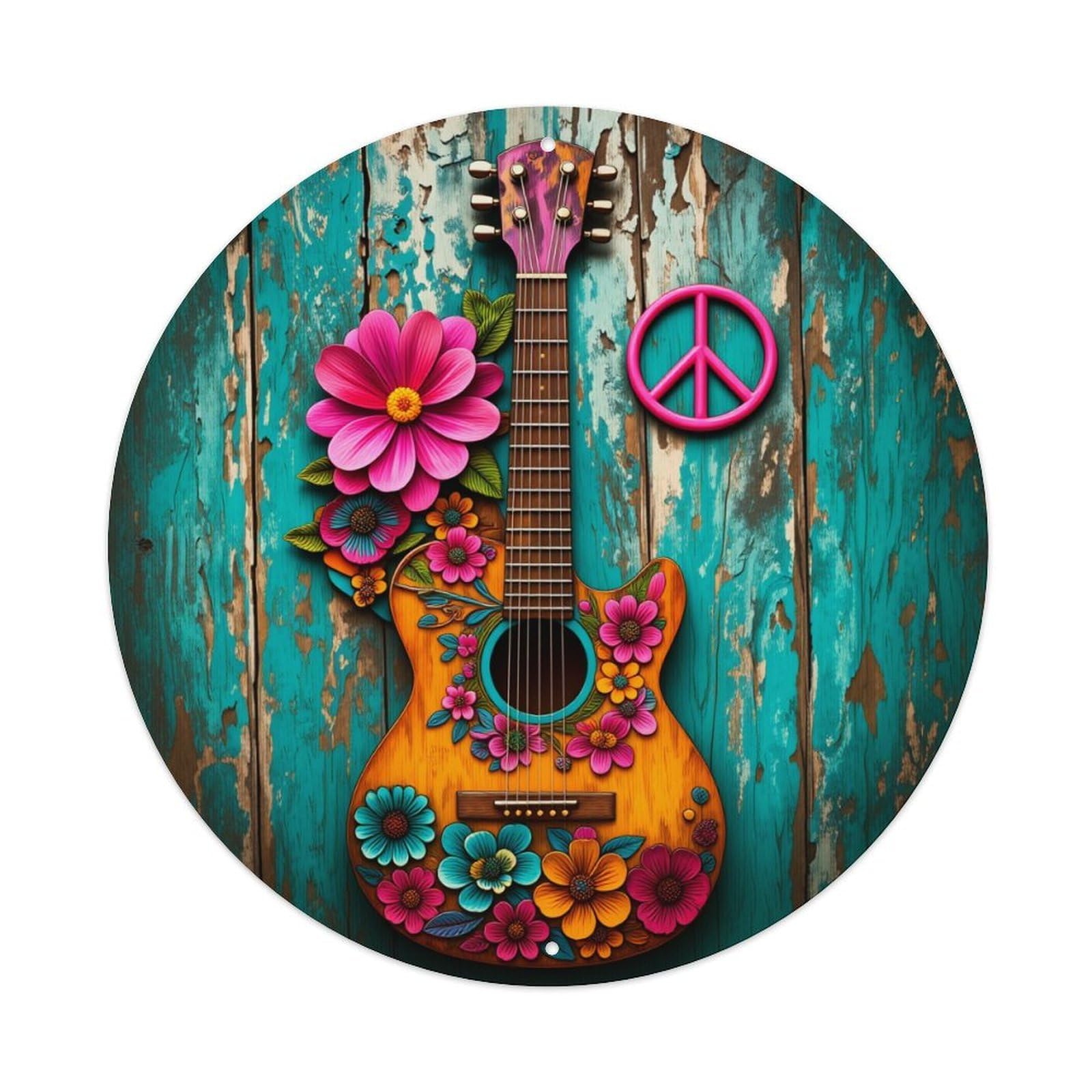 Floral Guitar Peace Sign Wood Round Tin Sign Vintage Metal Poster, Home Bar Garage Man Cave Cafe Indoor & Outdoor Wall Decoration 8x8Inches