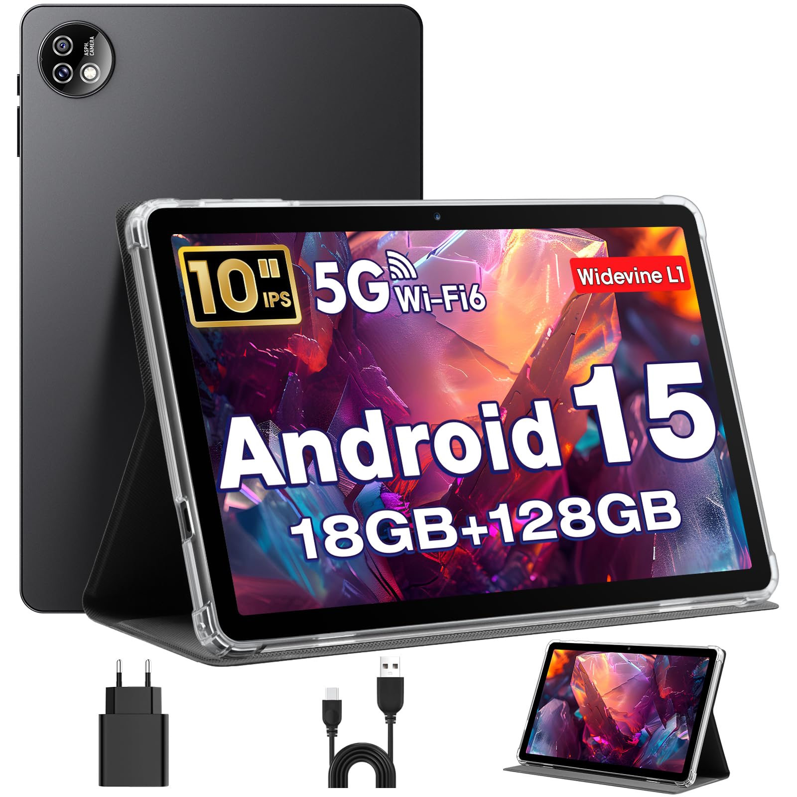 Tablet 10 Pulgadas, Tableta Android 15 con Funda, Unisoc T30 Quad-Core, 18 GB RAM + 128 GB ROM + 1 TB TF, Pantalla HD IPS 1280x800, Cámara Dual 5MP + 8MP, 6000 mAh, WiFi 6, BT 5.0, Widevine L1 (K70) — view 12