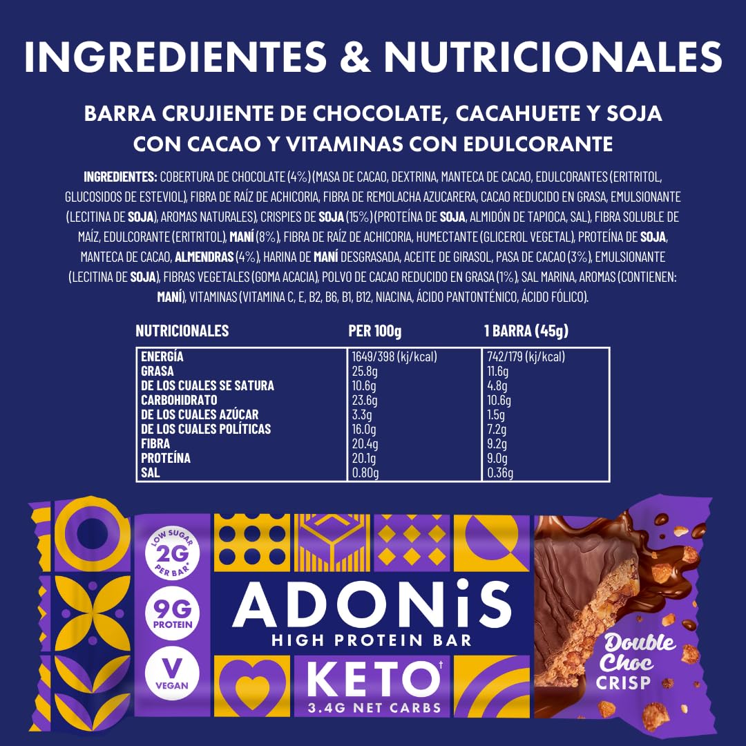 Adonis Barritas Keto Ricas en Proteínas Crema de Cacahuete y Chocolate | Apto para Veganos y Dieta Keto | 100% Natural | Sin Azúcar, Sin Aceite de Palma, Sin Lácteos | Bajo en Azúcar