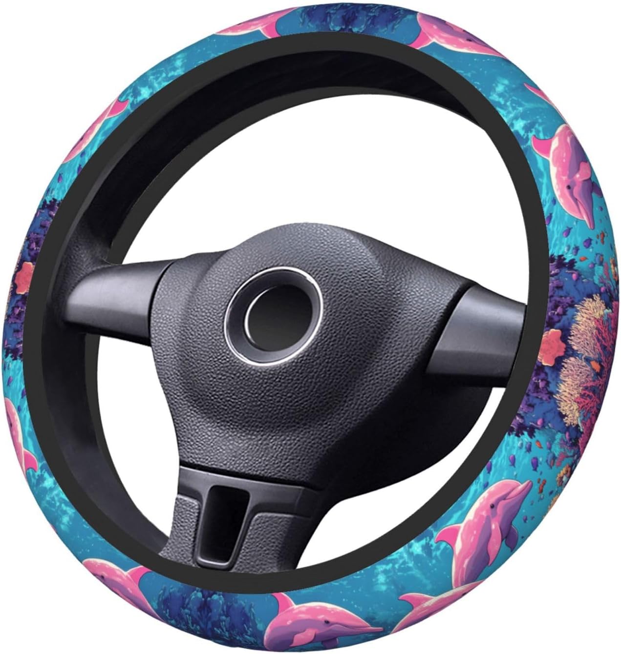 Dolphin Ocean 3 Pcs Steering Wheel Cover Decoration Set with 2 Coasters, Universal Non-Slip and Comfortable car Interior Set– Fits 14.5-15 Inch Steering Wheels Cover for Cars, SUVs, and Trucks image 2