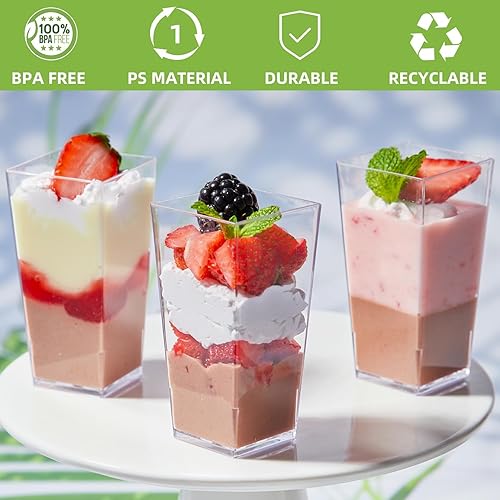 Miniatura 4 de Zezzxu Paquete de 100 mini tazas de postre con cucharas, mini tazas cuadradas de 3 onzas para postres, taza de postre de plástico para servir
