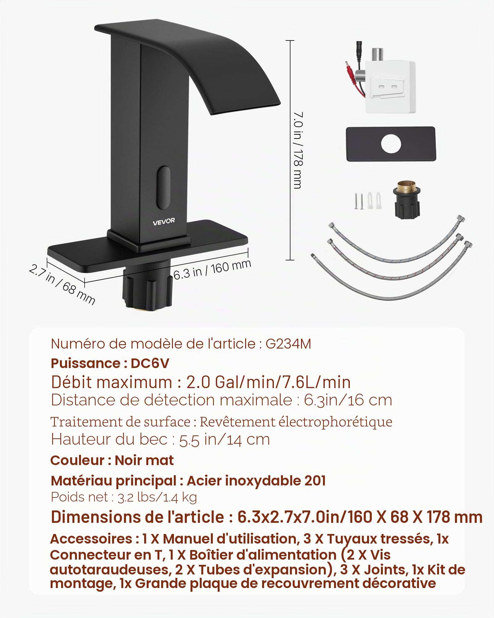 VEVOR Robinet Automatique sans Contact, Mitigeur Lavabo Cascade à Capteur de Mouvement, Mélangeur d’Eau Chaude et Froide avec Plaque de Protection, pour Tuyau 9,5 mm, Bar Cuisine Salle de Bain, Noir