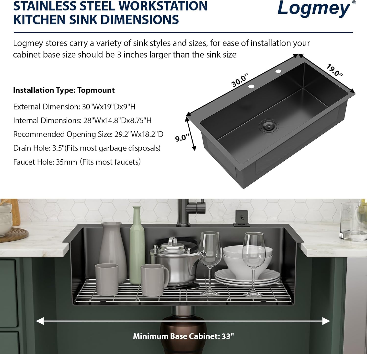 Logmey 30 In Drop in Kitchen Sink 30x19x9 PVD Nano Gun Black 16 Gauge Stainless Steel Single Bowl Sink with Bottom Grid Roll-up Drying Rack for Residential Kitchen & Utility Space