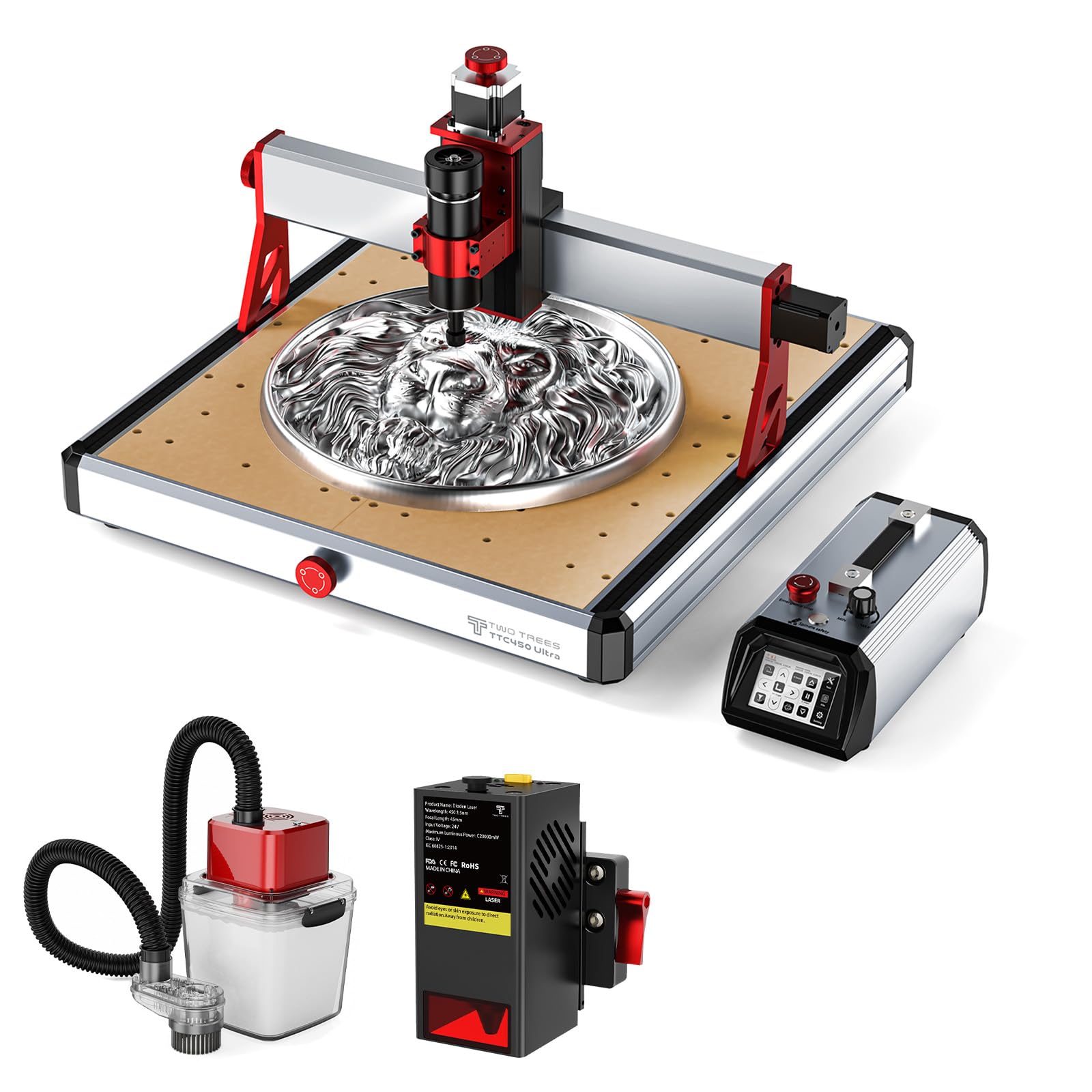 Twotrees TTC450 Ultra 500W CNC Fräsmaschine, 20W Lasermodul, M1 Staubabsaugung, mit 3,5 Zoll Touchscreen Controller, CNC Gravurmaschine für Metall, Aluminium, Holz