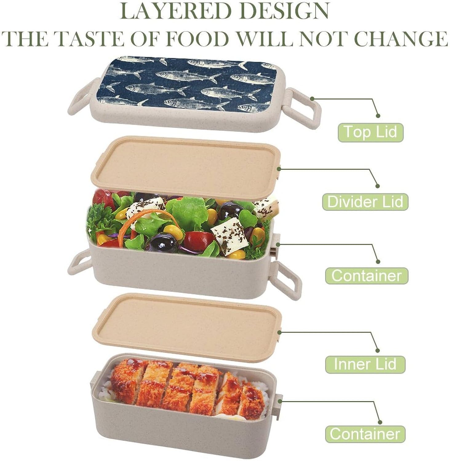 Lunch Box Bento Premium White Fish Pattern Printed Bento Box Bento with Spoon And Fork with Compartment Containers Suitable for Men And Women, style