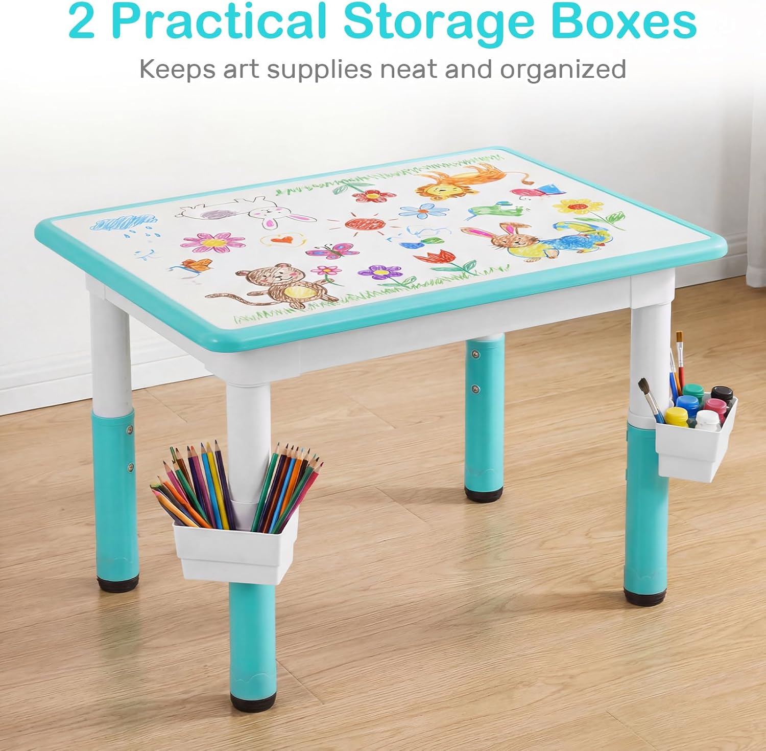 Olakids Kids Table and Chair Set, Height Adjustable Children Activity Desk with Graffiti Desktop 2 Storage Boxes (Green)