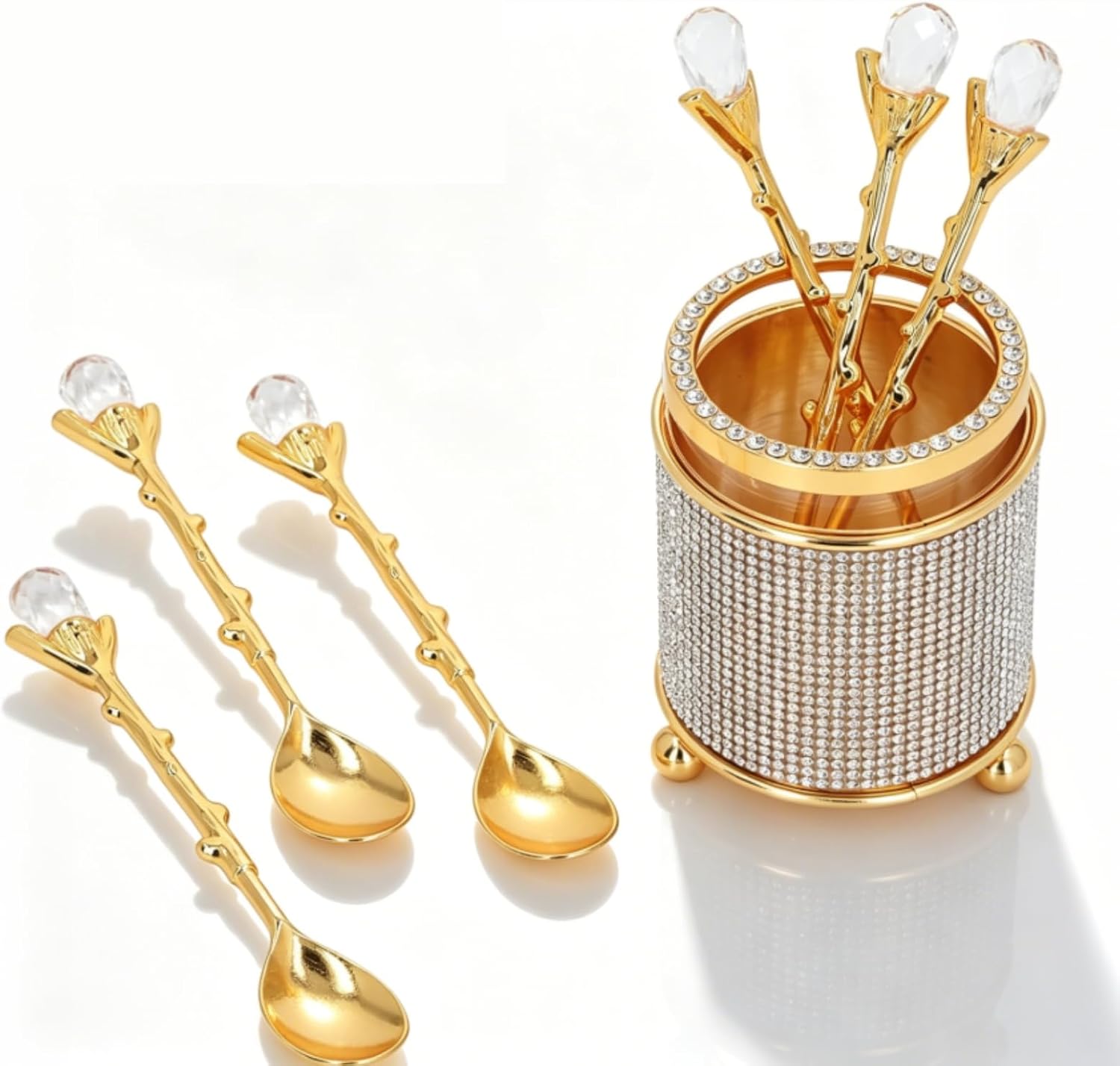 6Pcs Coffee Spoons Set with Holder, Decorative Holder with Coffee Spoon Set Gold Dessert Spoons Mini Teaspoon Set Espresso Spoons for Coffee, Tea, Ice Cream