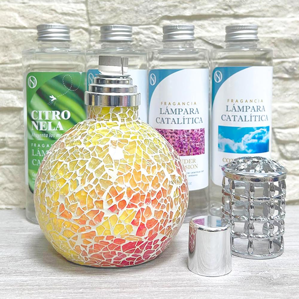 Pack Ahorro Lámpara Catalítica Mosaico Bicolor + Fragancia Aroma Winter Citrus 200ml. Elimina malos olores e impurezas, perfuma y limpia.