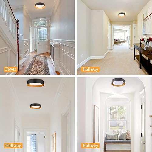 Miniatura 6 de Bargeni Lámpara de techo LED de 16.5 pulgadas, lámpara de techo regulable de montaje empotrado, color negro mate con dorado en el interior, 3000