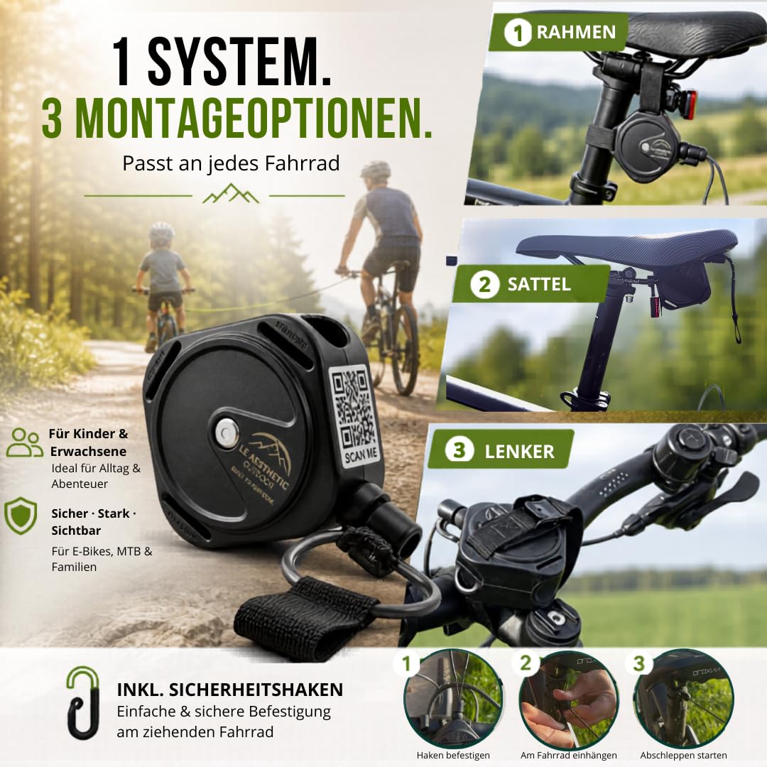 Tow PRO 3.7 - Cuerda de remolque para bicicleta con guía QR y bolsa | Cuerda Dyneema reflectante para MTB, niños y familia, 150 kg de fuerza de tracción, función de enrollado, ultraligera