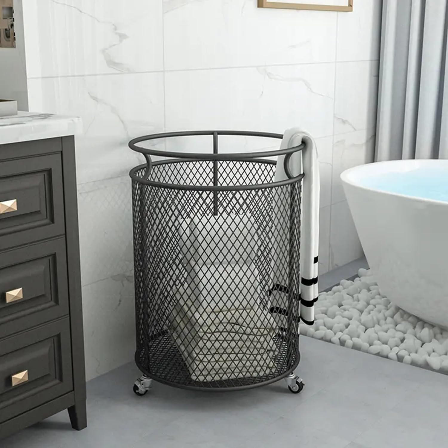 Rolling Laundry Basket Cart, Metal Laundry Basket,Clothes or Linen Storage Organize Hamper Bin for Living Room,Bathroom,Closet or Children Bedroom,Black