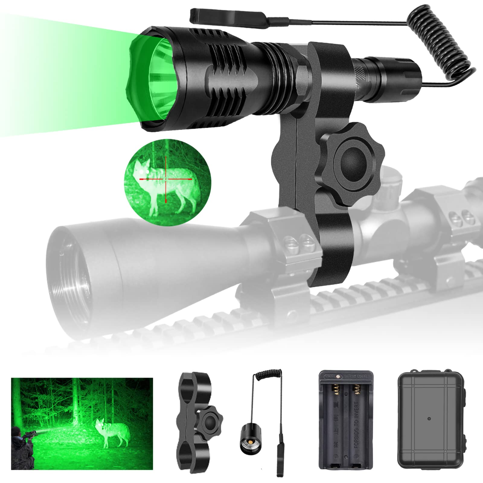 WF802 Green Hunting Light Tactical Flashlight 350 Lumens 250 Yards LED Coyote Hog Fox Varmint Predator Lights with Remote Pressure Switch & Scope/Bike Mount Holder