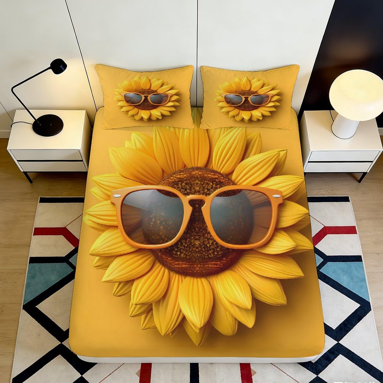 3D Printed Sunflower Fitted Sheet Microfiber Deep Pocket Bedroom Bedding Sunflower Mattress Fitted Cover Non-Slip Full Wrap for Adults 140x200x25cm